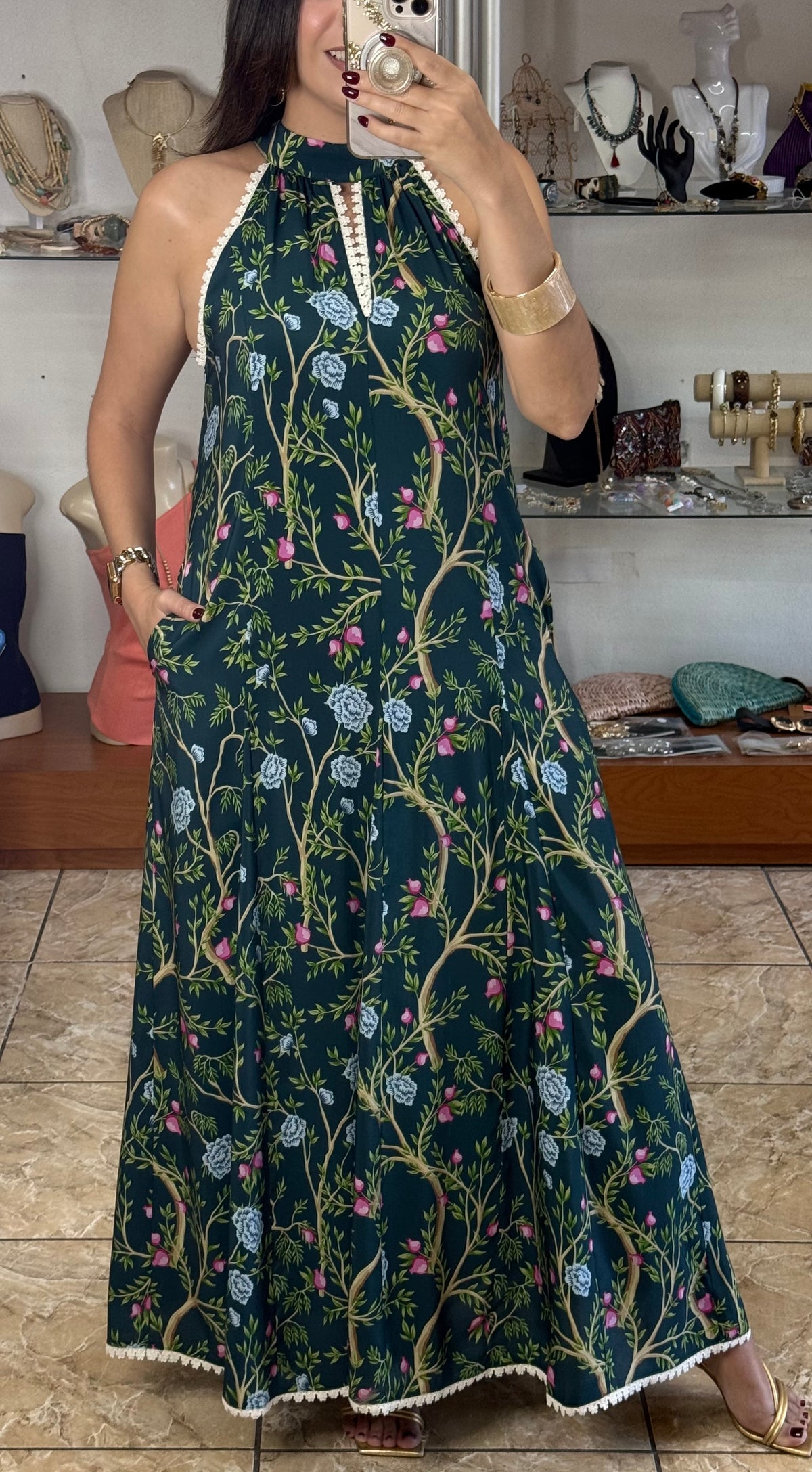 Halter Teal/Floral Maxi Dress