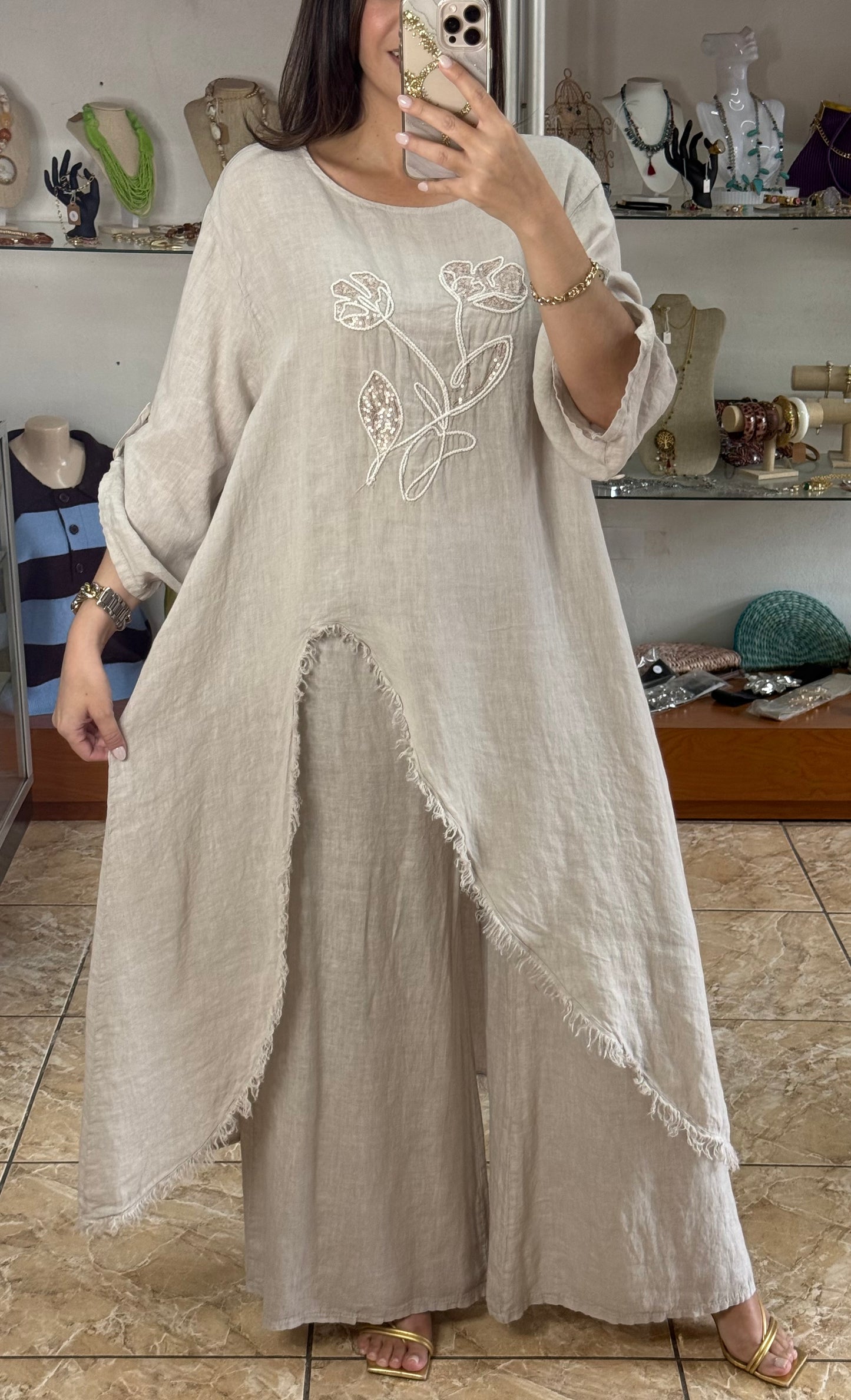 OS Asymmetrical Linen/Sequins Top (NO RETURNS OR EXCHANGE) (PANT SOLD SEPARATELY)