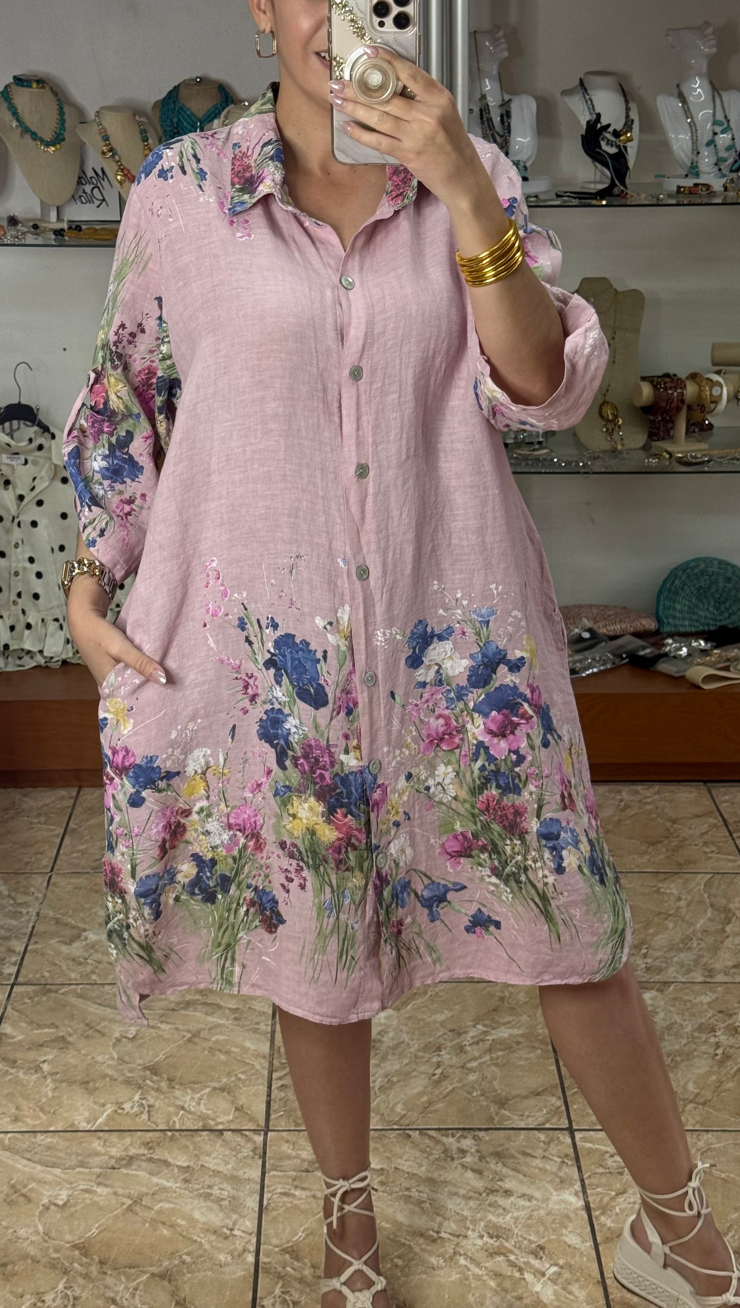 Floral OS Short Linen Dress (NO RETURNS OR EXCHANGE)