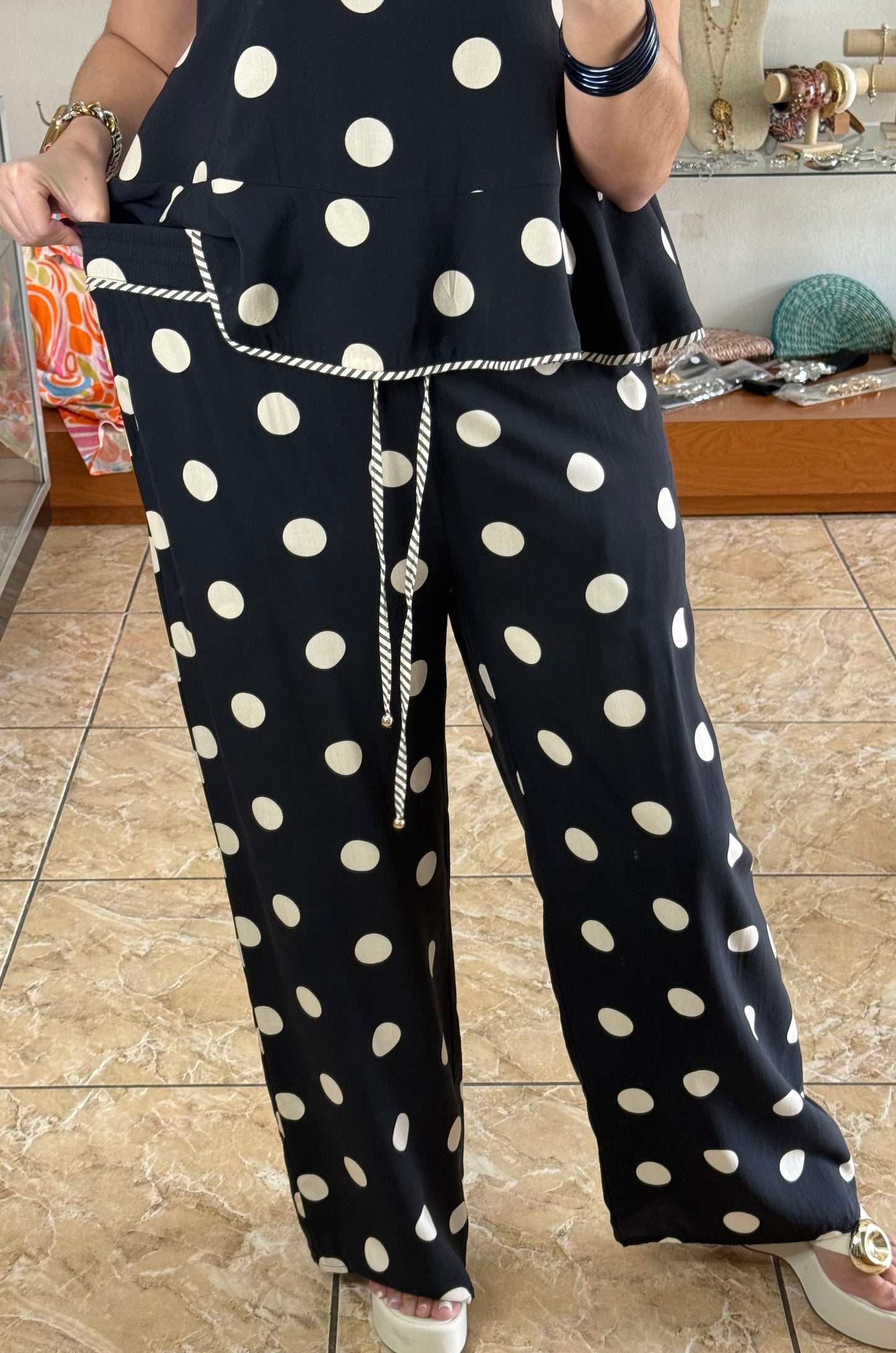Black/Beige Polkadots Pant Set