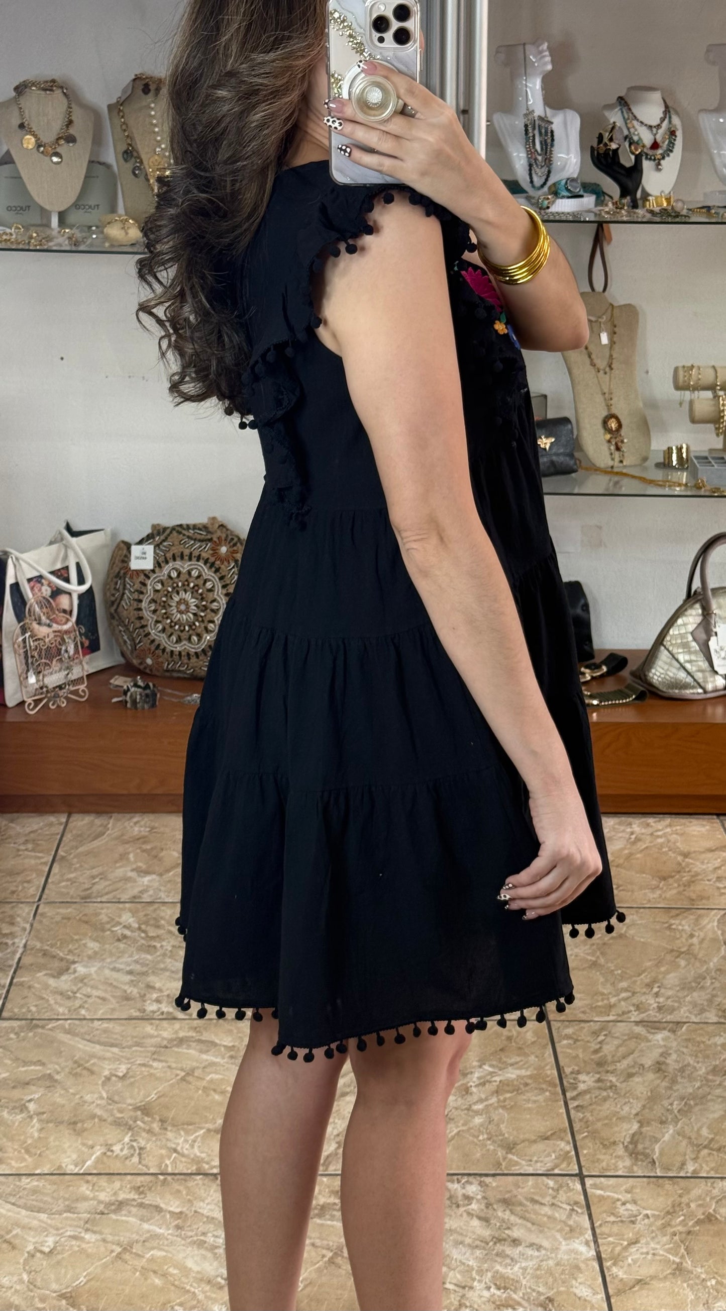 Black Floral Embroidered Doll Dress