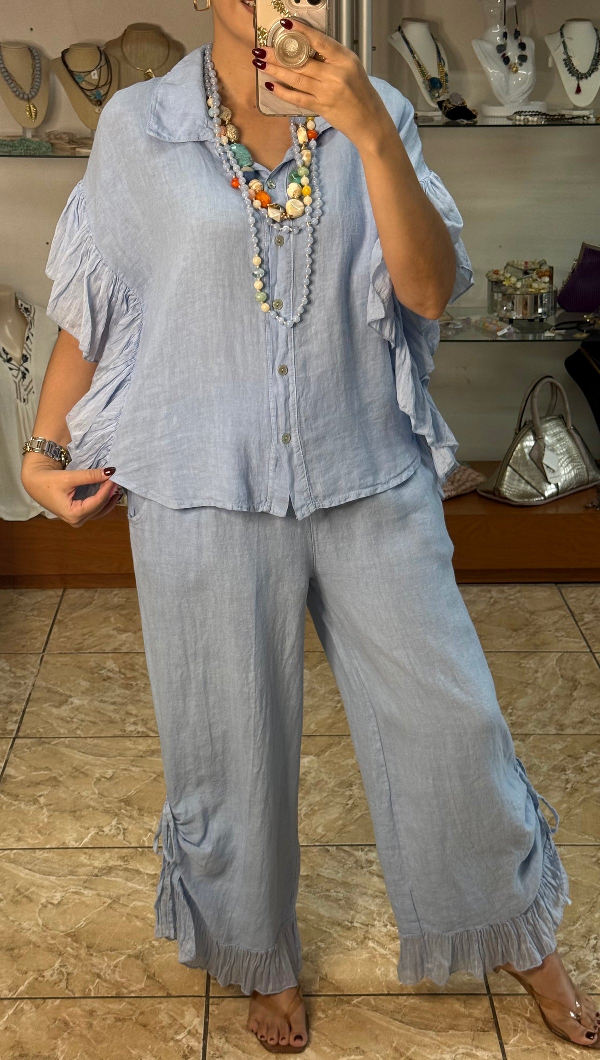 OS Linen Ruffle Top & Pant Set (NO RETURNS OR EXCHANGE)