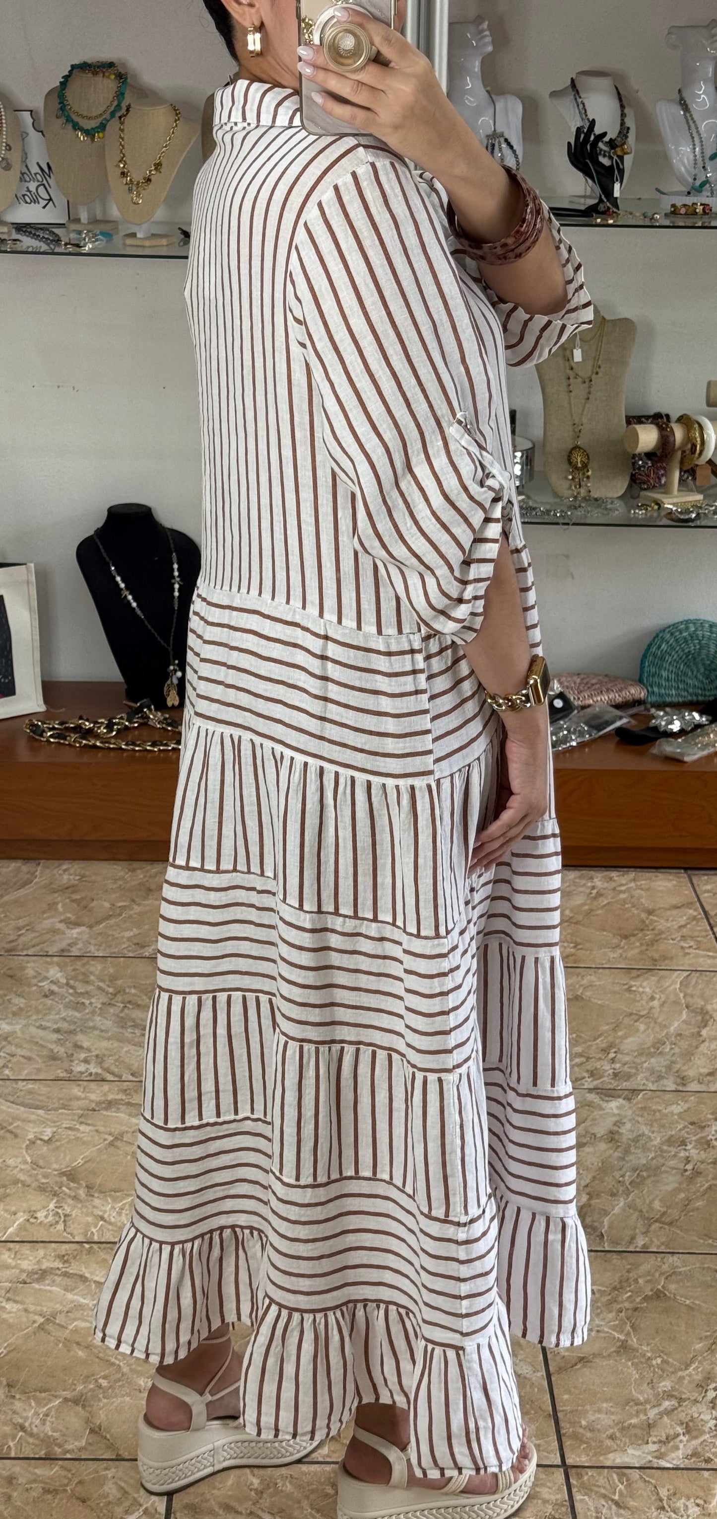 OS Linen Stripes Button Down Maxi Dress (NO RETURNS OR EXCHANGE)