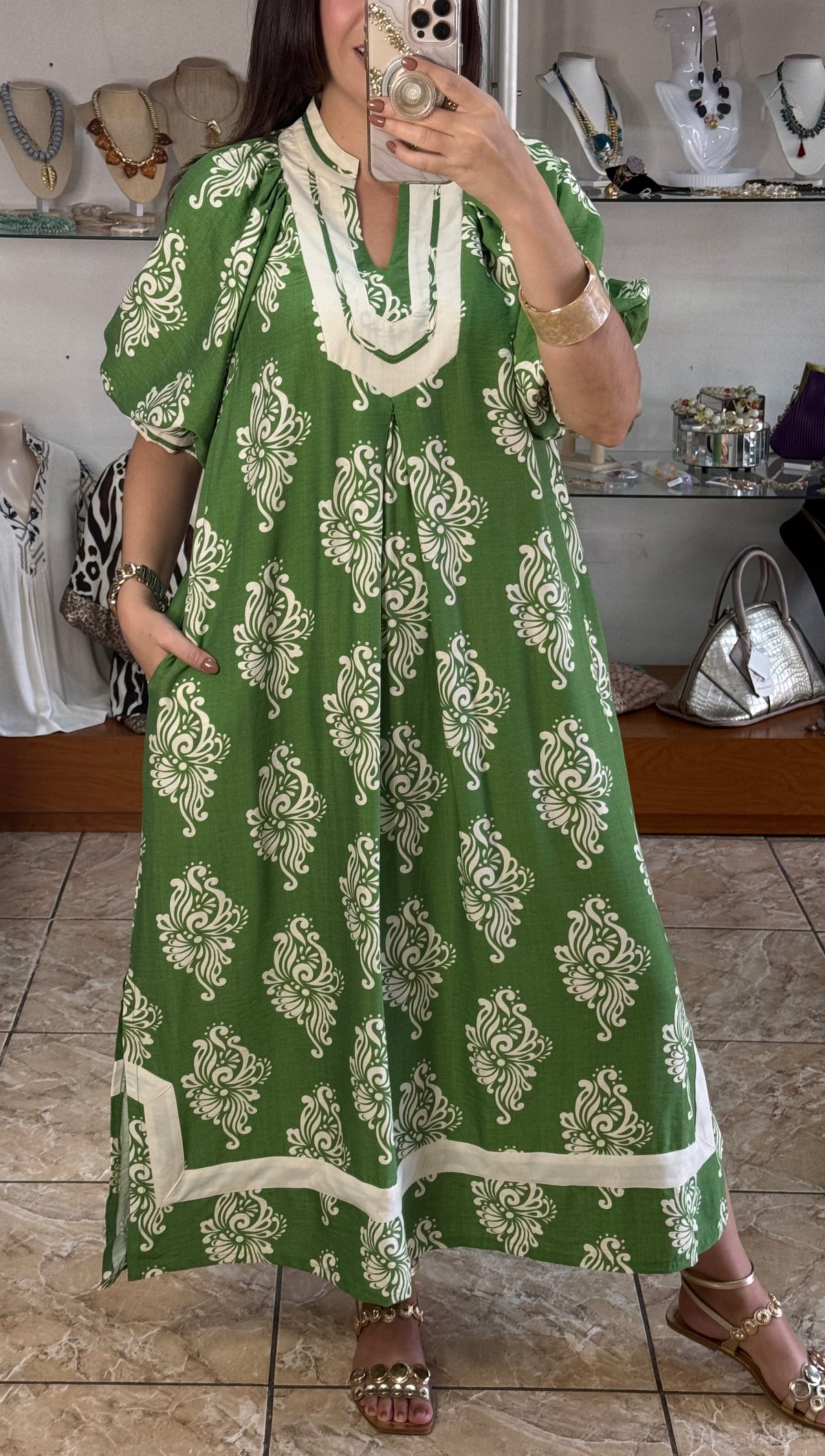 Green Abstract Print Midi Dress