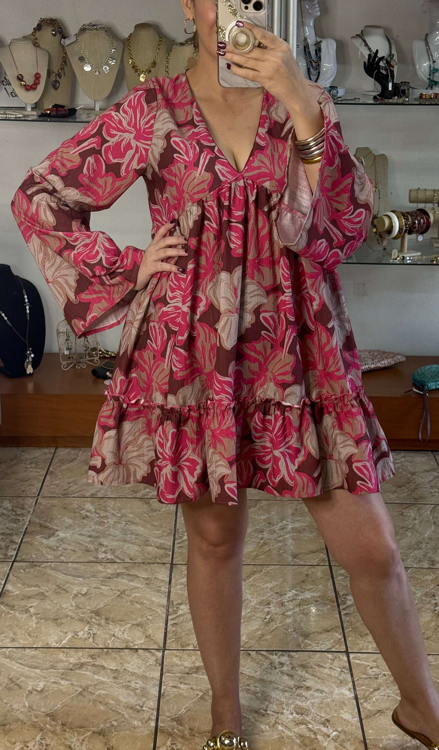 Long Sleeves Floral Mini Dress