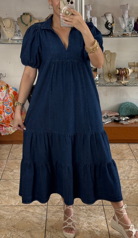 Dark Denim Tiered Midi Dress