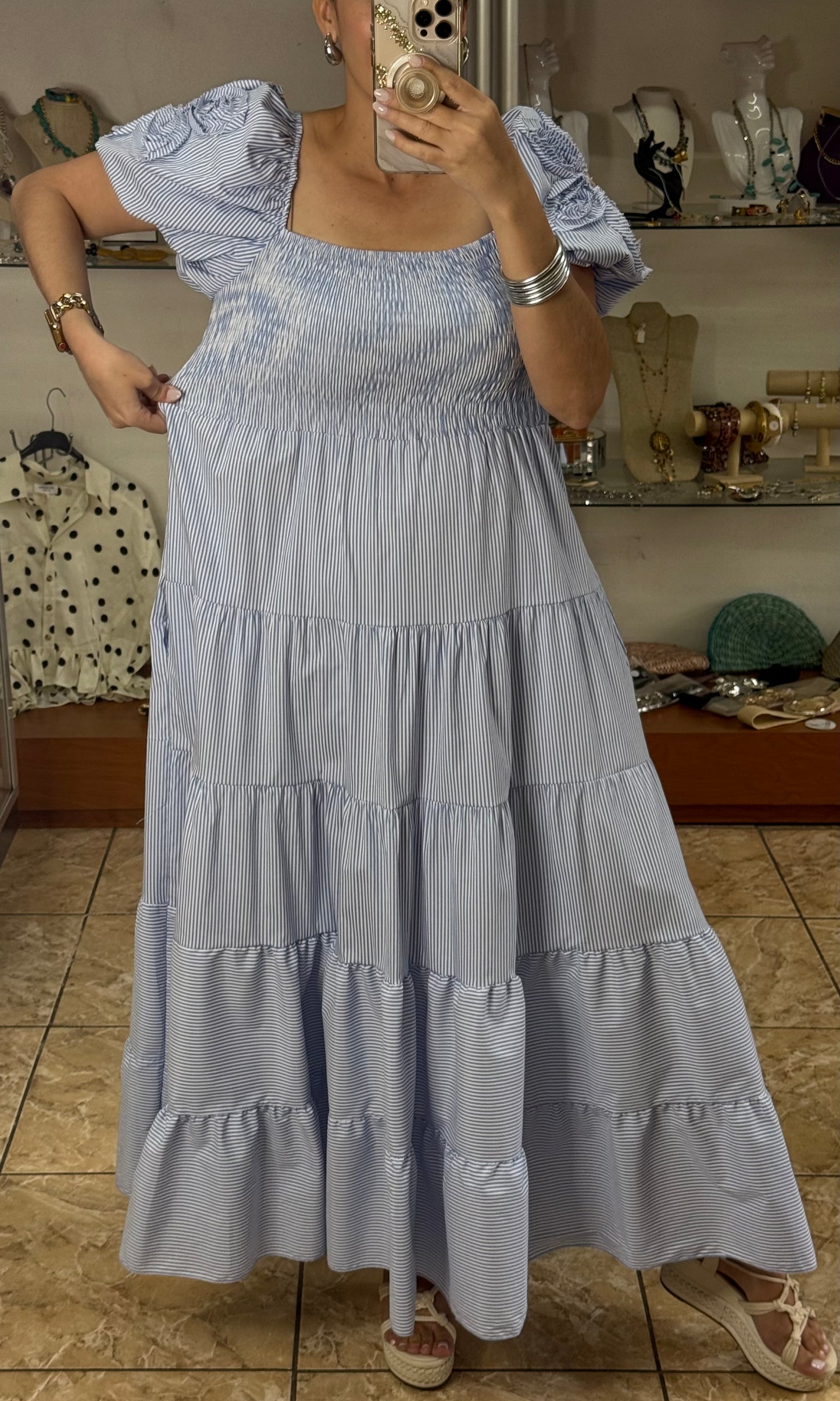 Blue Stripes Puff Sleeves OS Maxi Dress (NO RETURNS OR EXCHANGE)