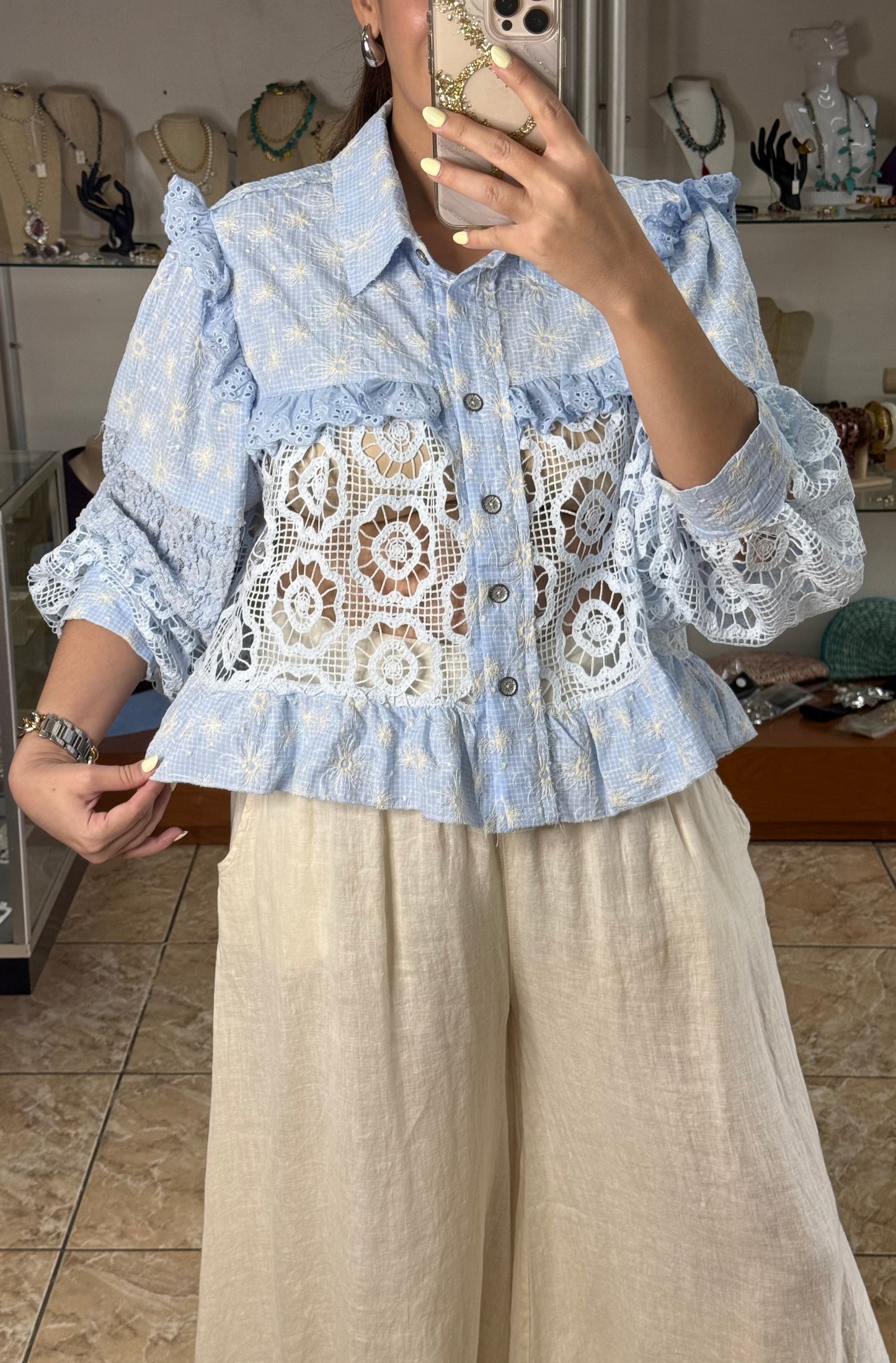 Baby Blue Embroidered Button Down Top