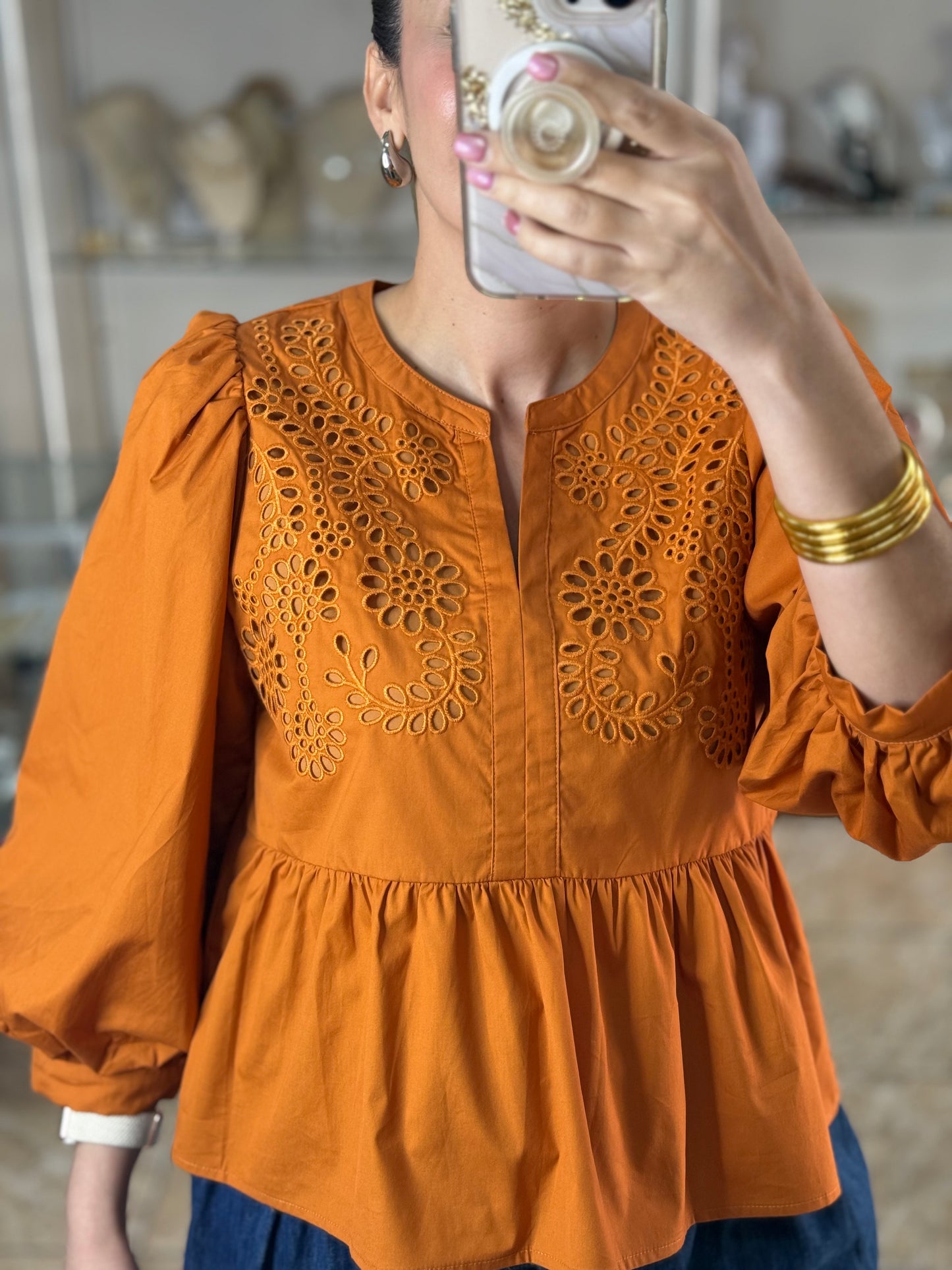 Long Sleeves Caramel Embroidered Peplum Top
