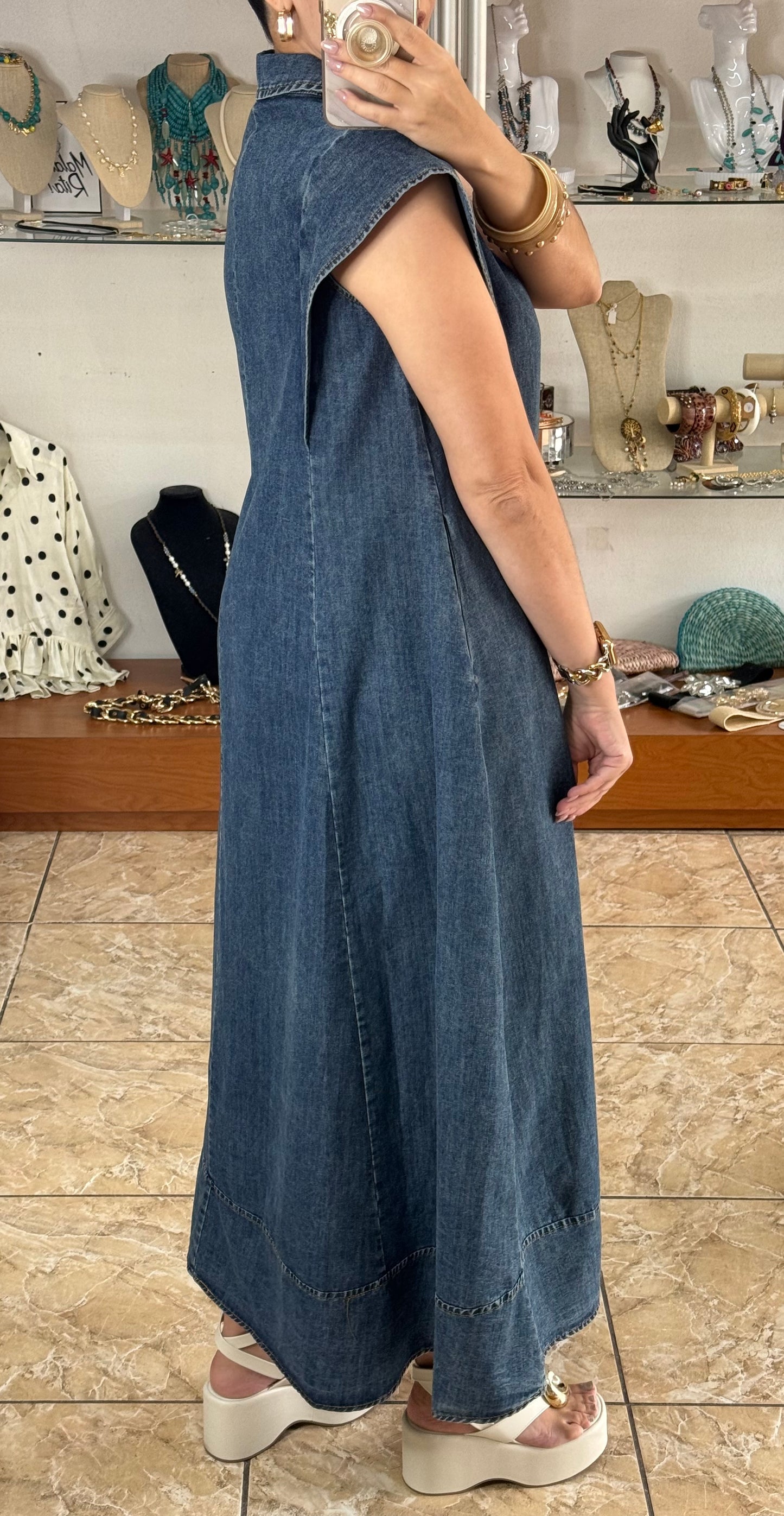 Gold Buttons Denim Maxi Dress