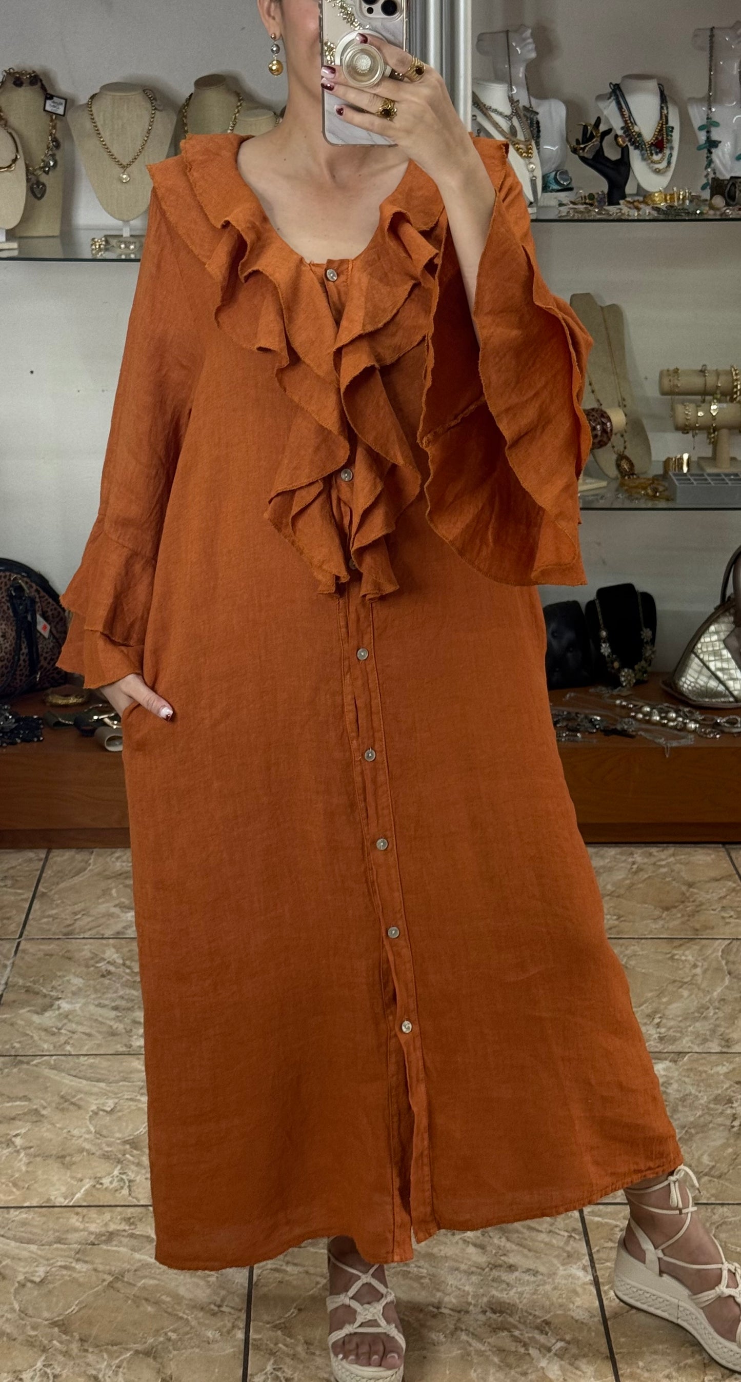 Ruffle Details OS Linen Maxi Dress (FINAL SALE)