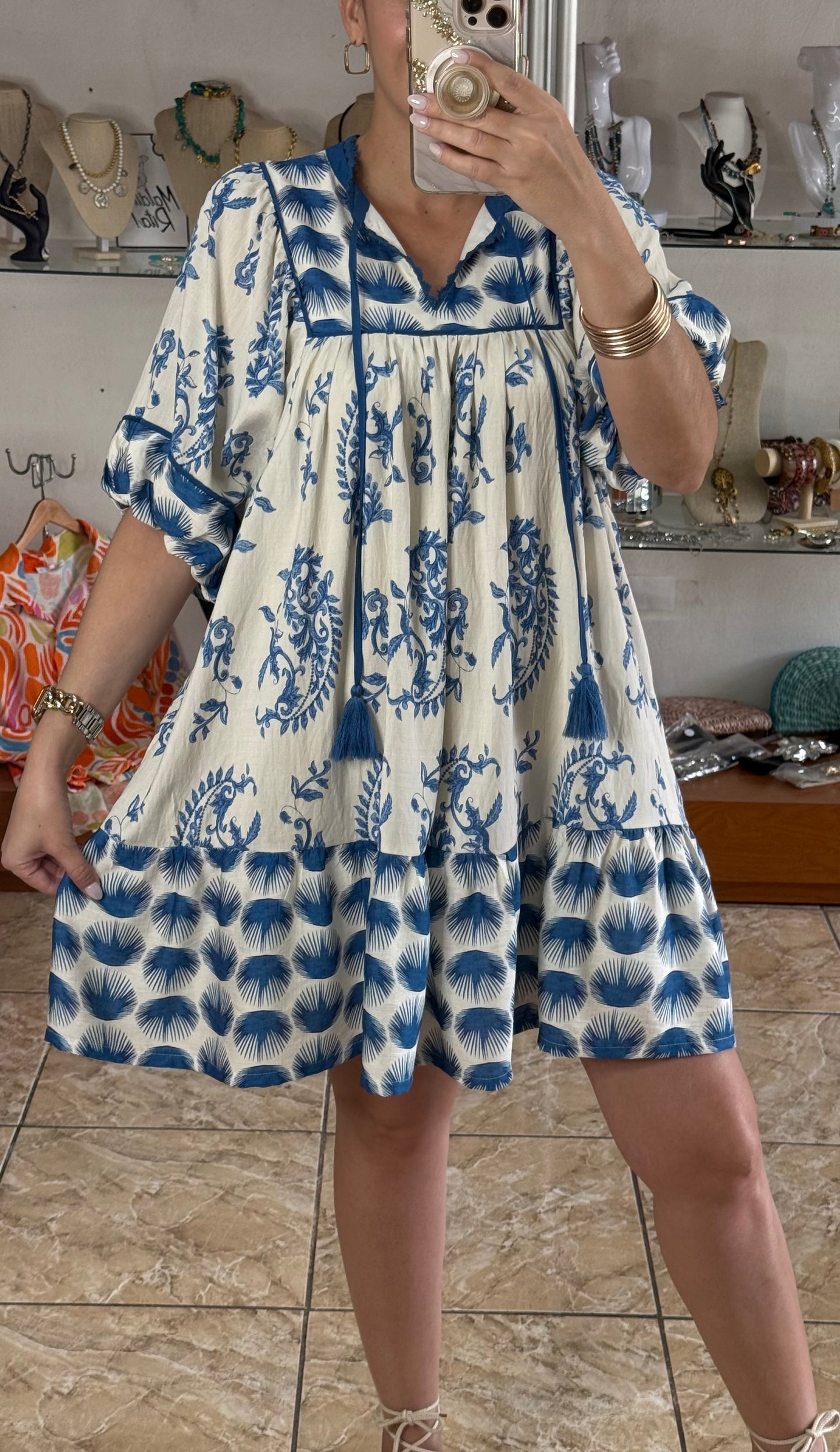 Blue Mix Abstract Print Mini Dress