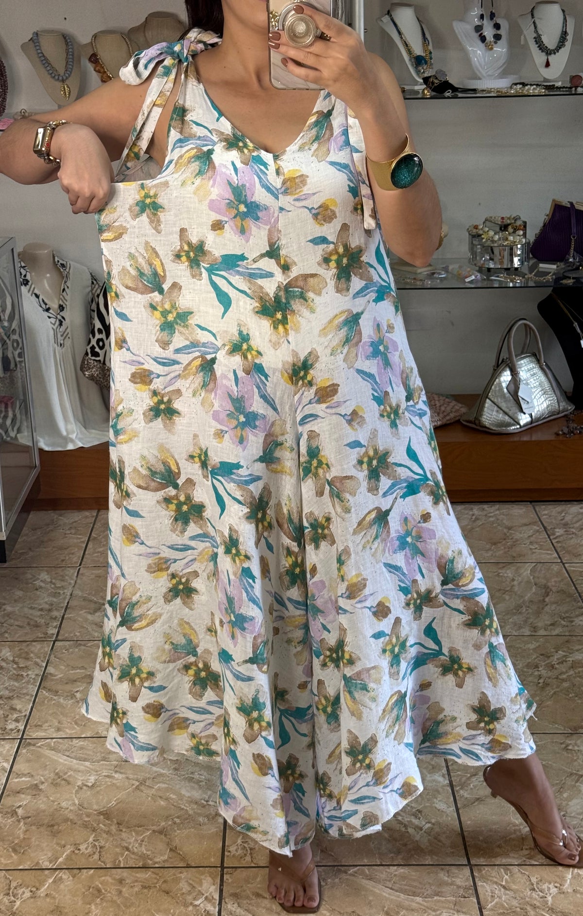 OS Pastel Floral Linen Jumpsuit (NO RETURNS OR EXCHANGE)