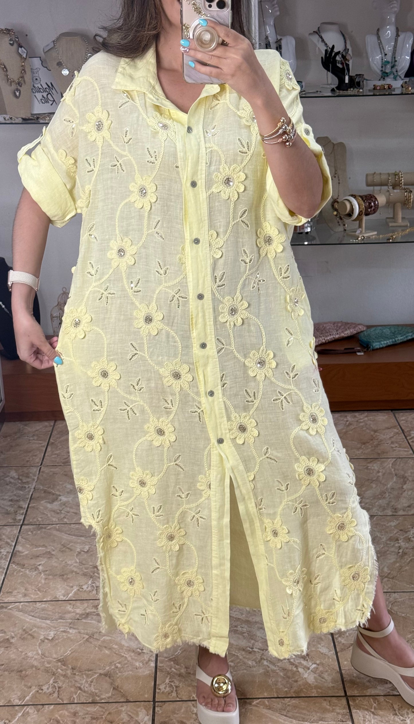 OS Embroidered/Sequins Linen Maxi Dress (NO RETURNS OR EXCHANGE)