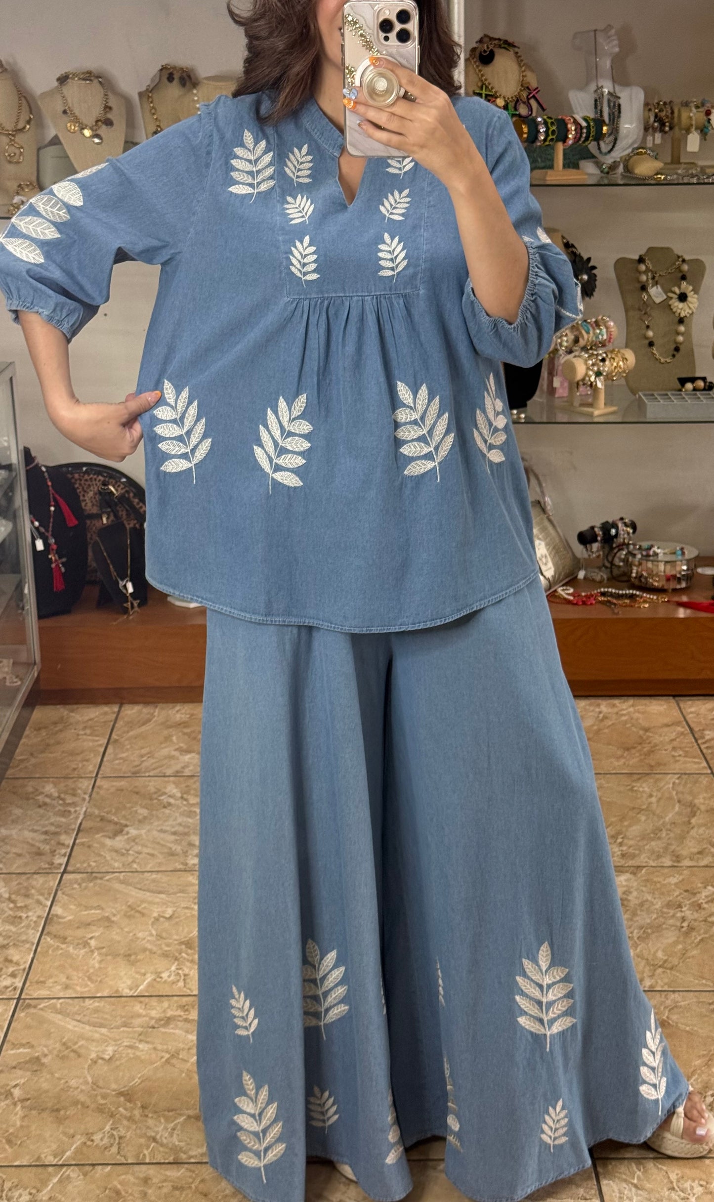 Embroidered Denim OS Top and Pant Set (FINAL SALE)