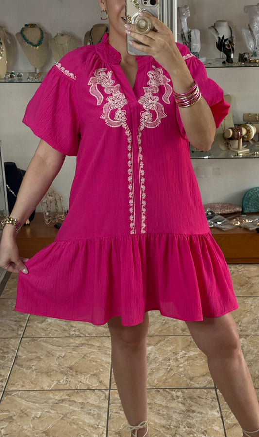Fuchsia Embroidered Babydoll Dress