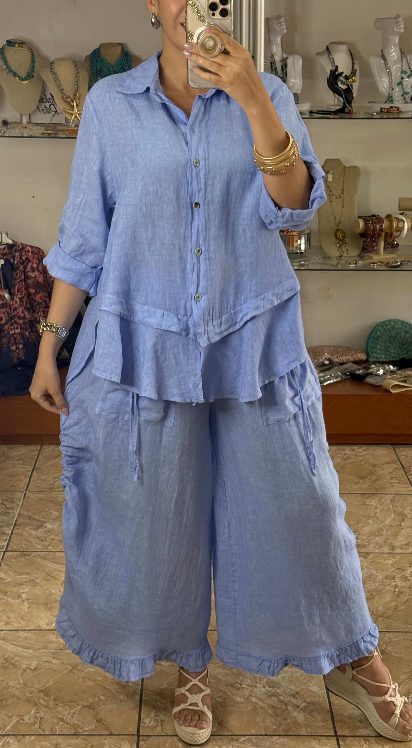 OS Linen Ruffle Pant Set (NO RETURNS OR EXCHANGE)