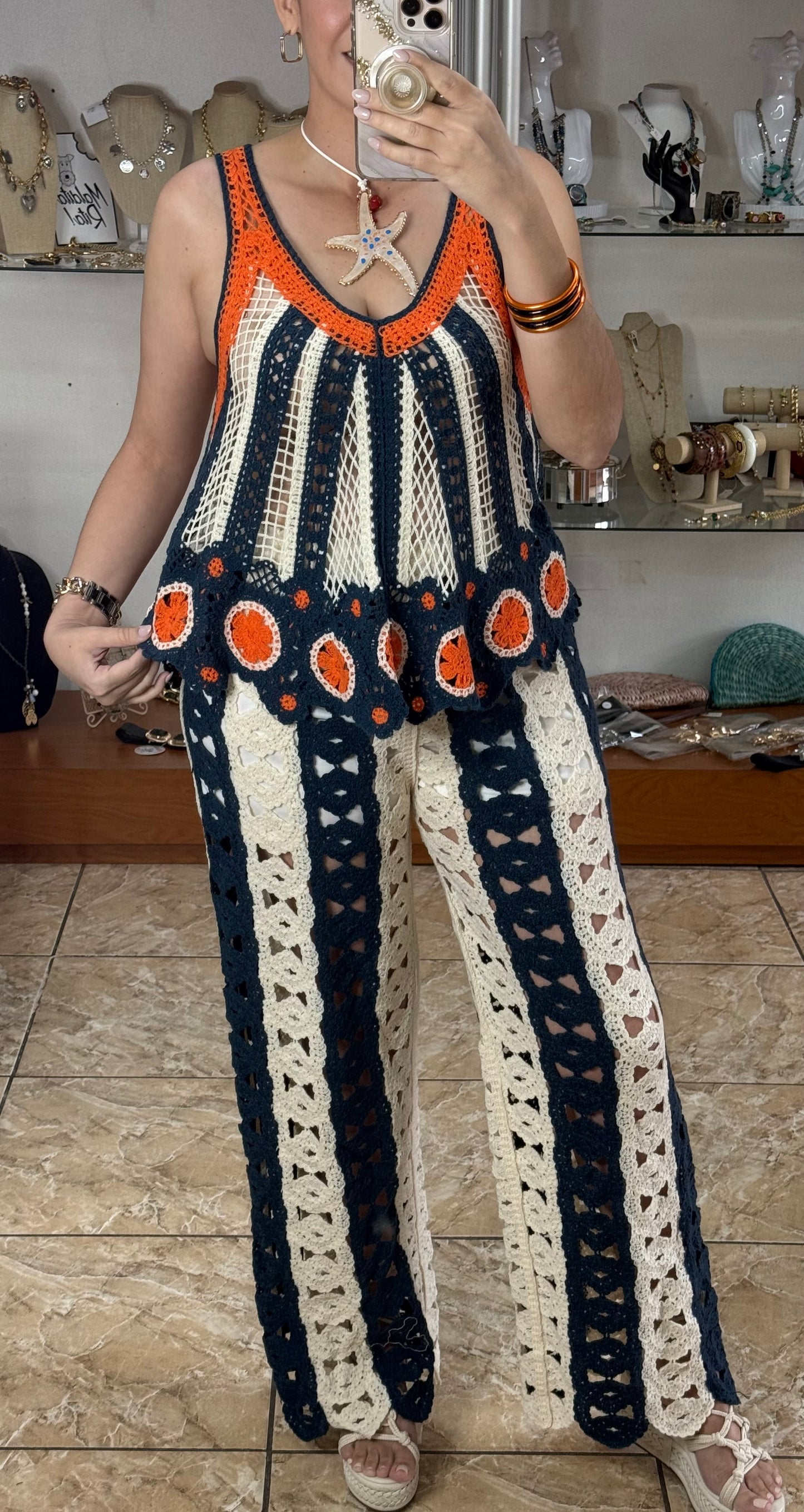 Cream/Navy OS Crochet Pant (NO RETURNS OR EXCHANGE) (TOP SOLD SEPARATELY)