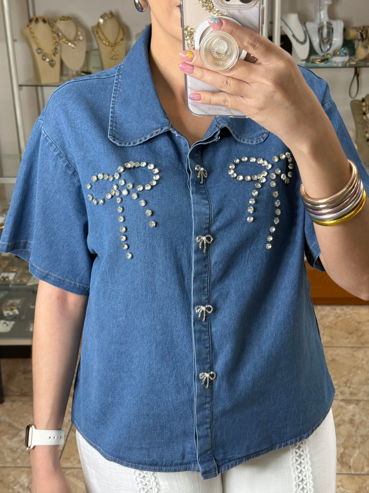 Rhinestone Ribbons Denim Top