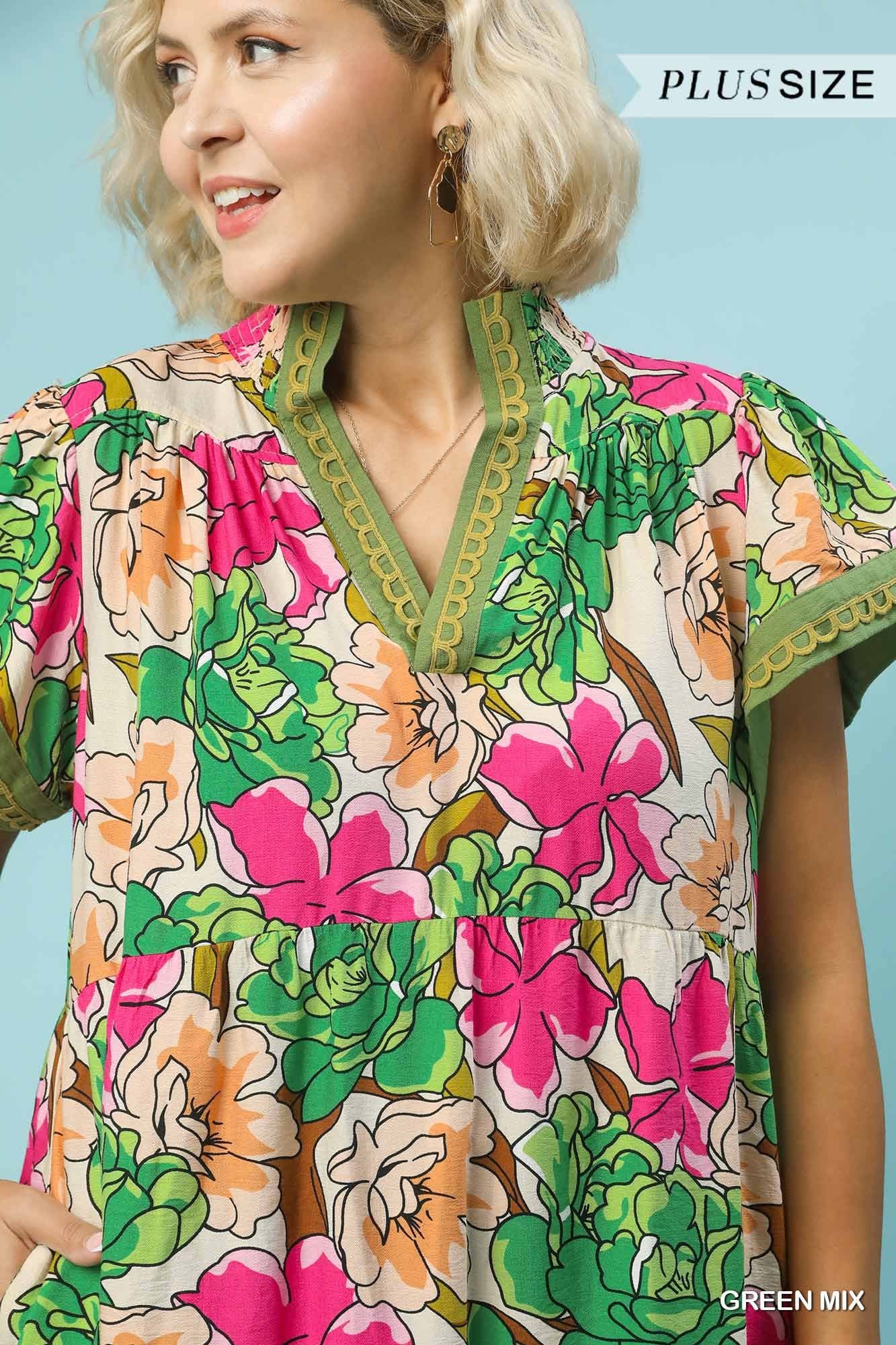 Green Mix Floral Tiered Midi Dress (PLUS)