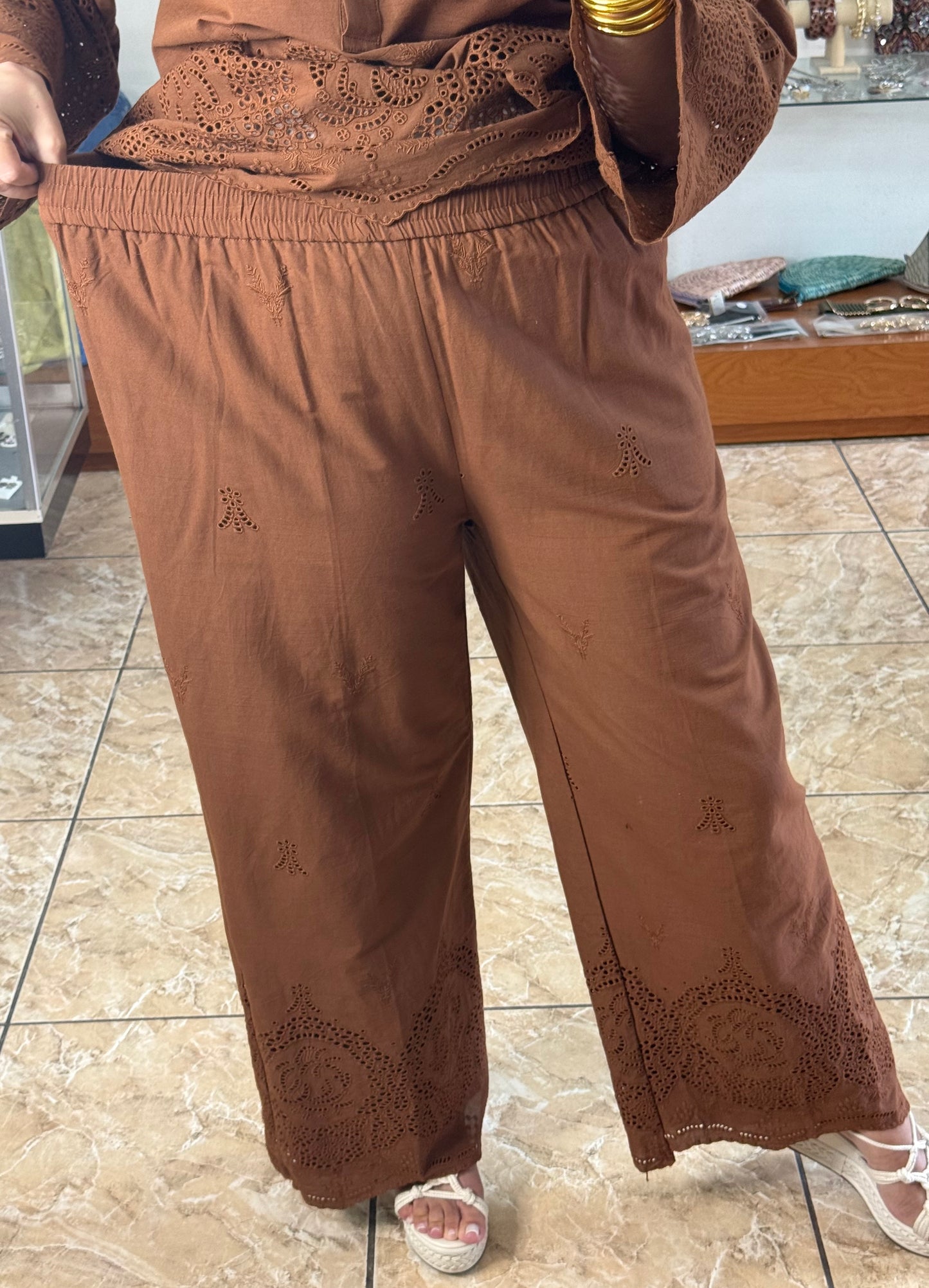 Chocolate Embroidered OS Pant Set (NO RETURNS OR EXCHANGE)