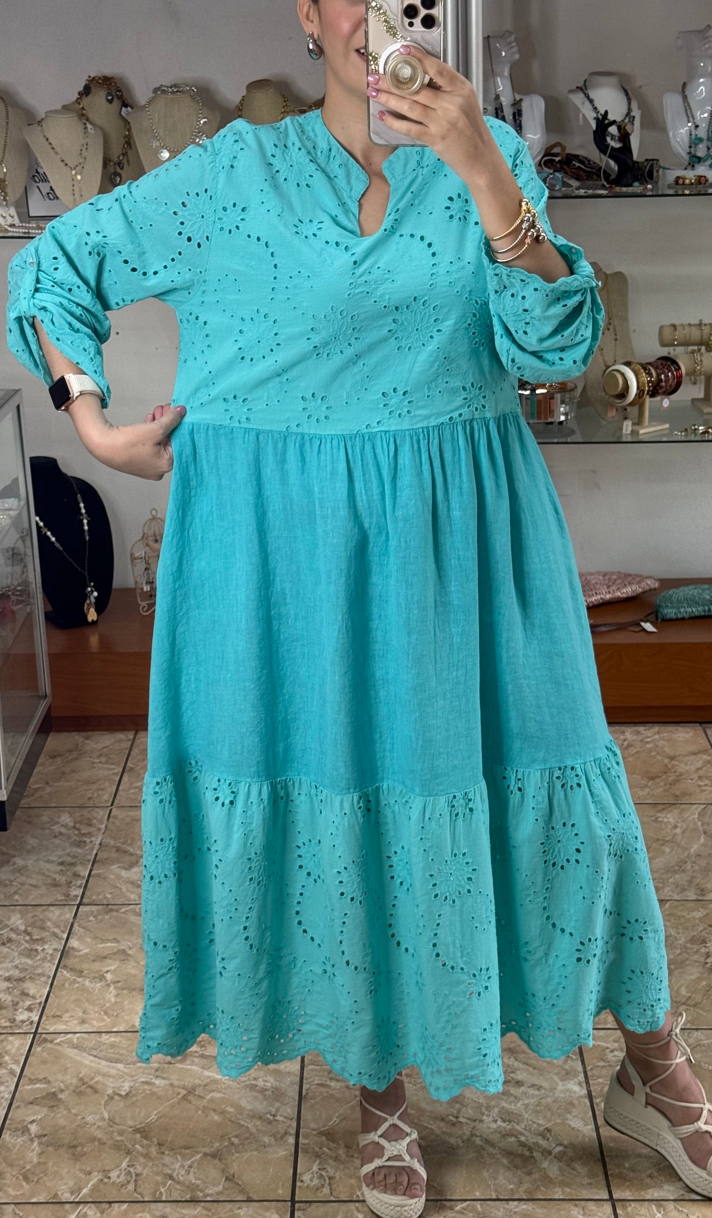 Linen/Eyelet OS Maxi Dress (FINAL SALE)