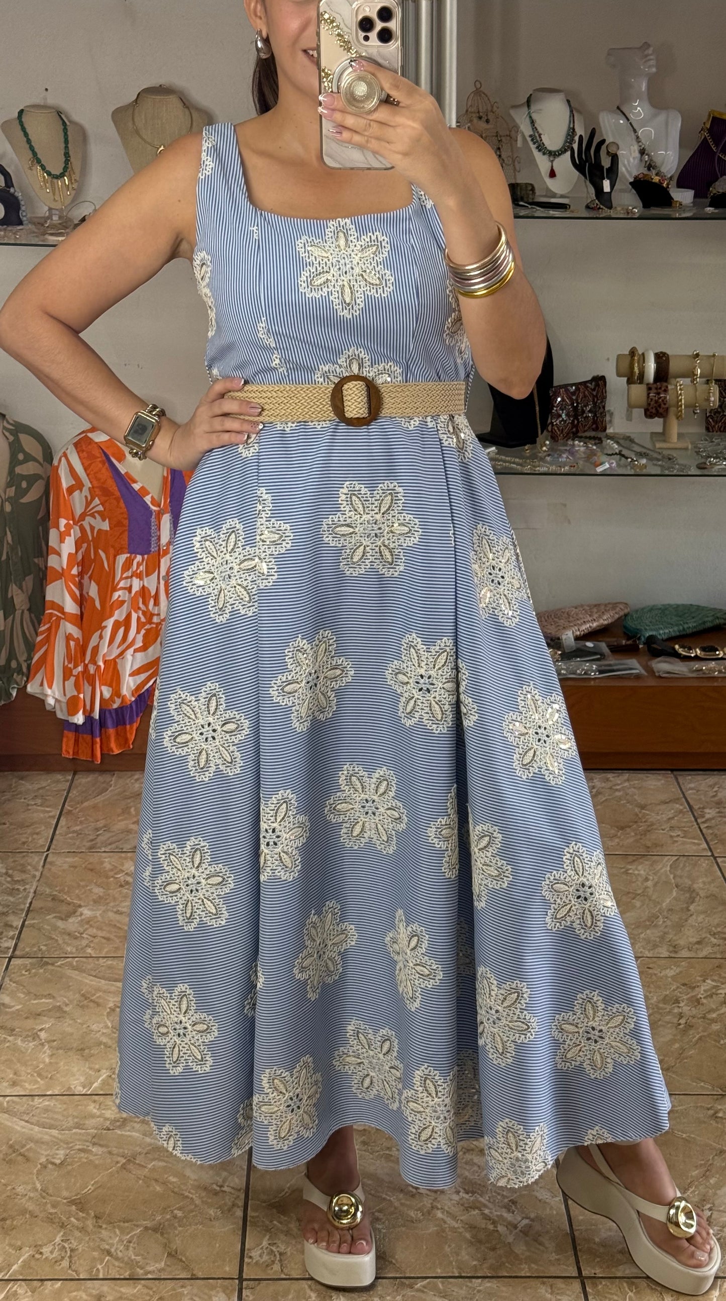 Stripes & Flowers OS Belted Maxi Dress (NO RETURNS OR EXCHANGE)