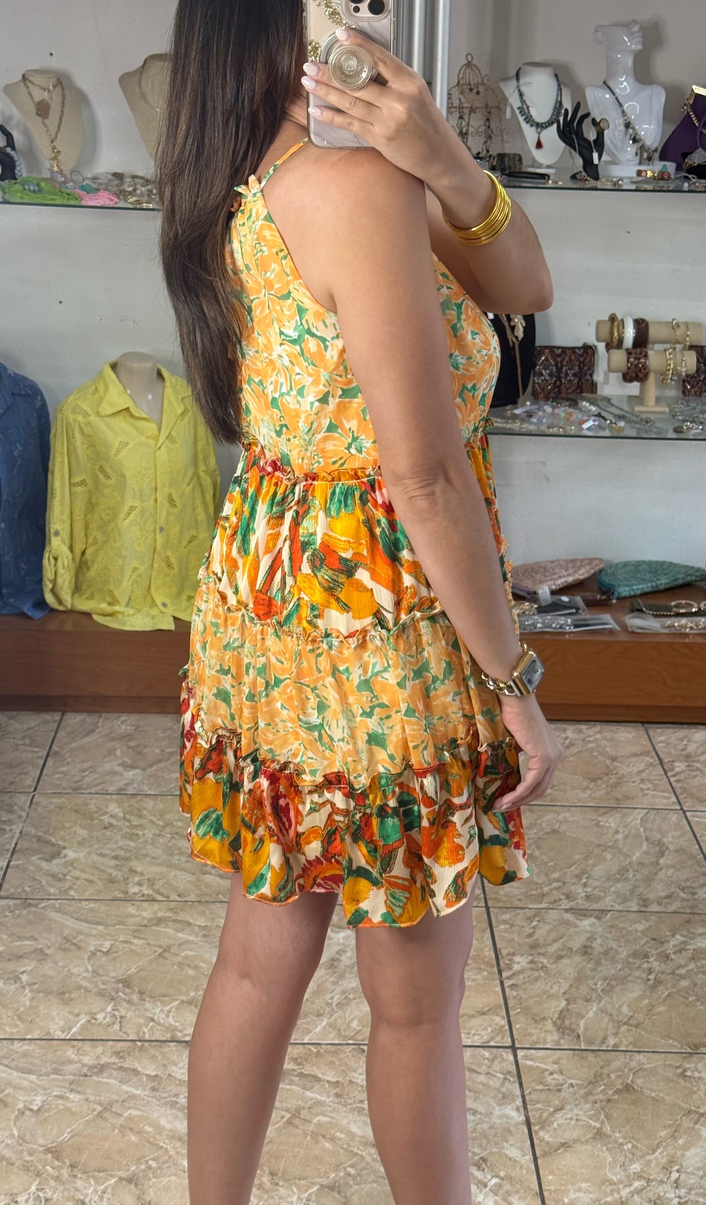 Orange Halter Floral Mini Dress
