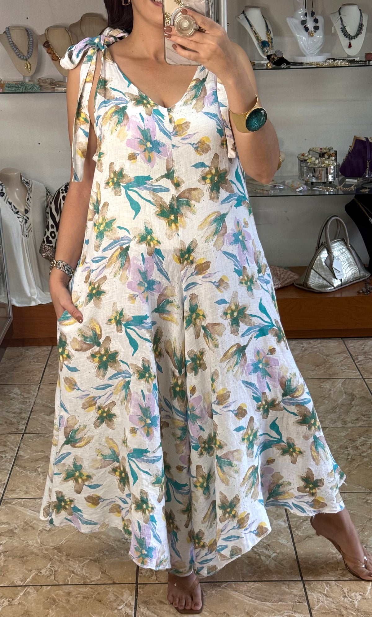 OS Pastel Floral Linen Jumpsuit (NO RETURNS OR EXCHANGE)