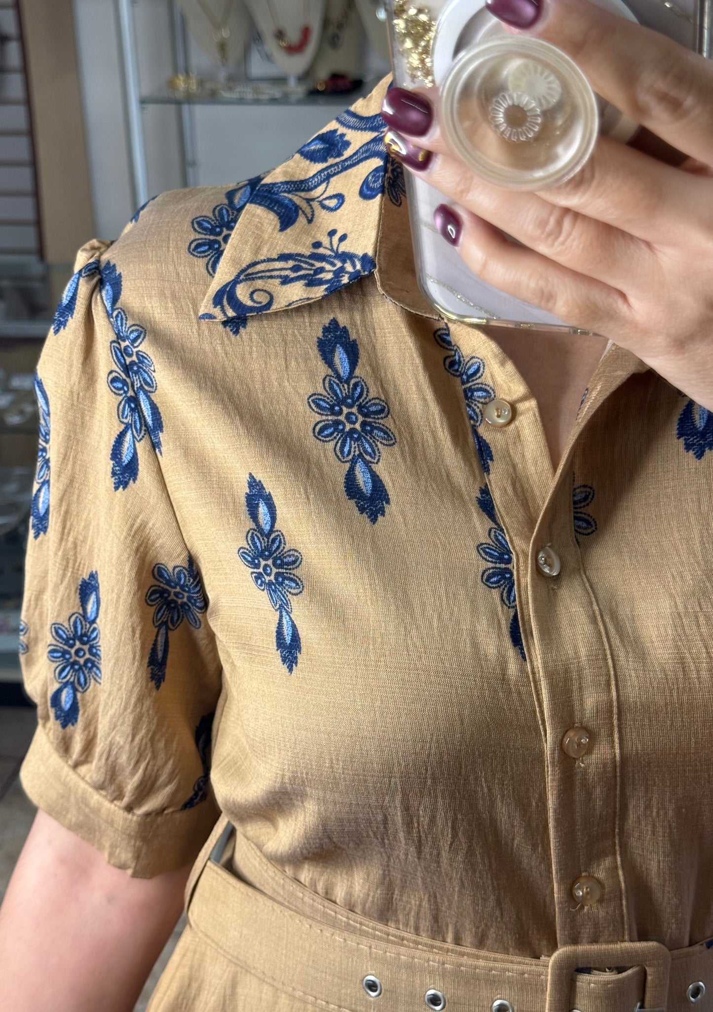 Khaki/Blue Maxi Floral Button Down Dress (Reg and Plus)