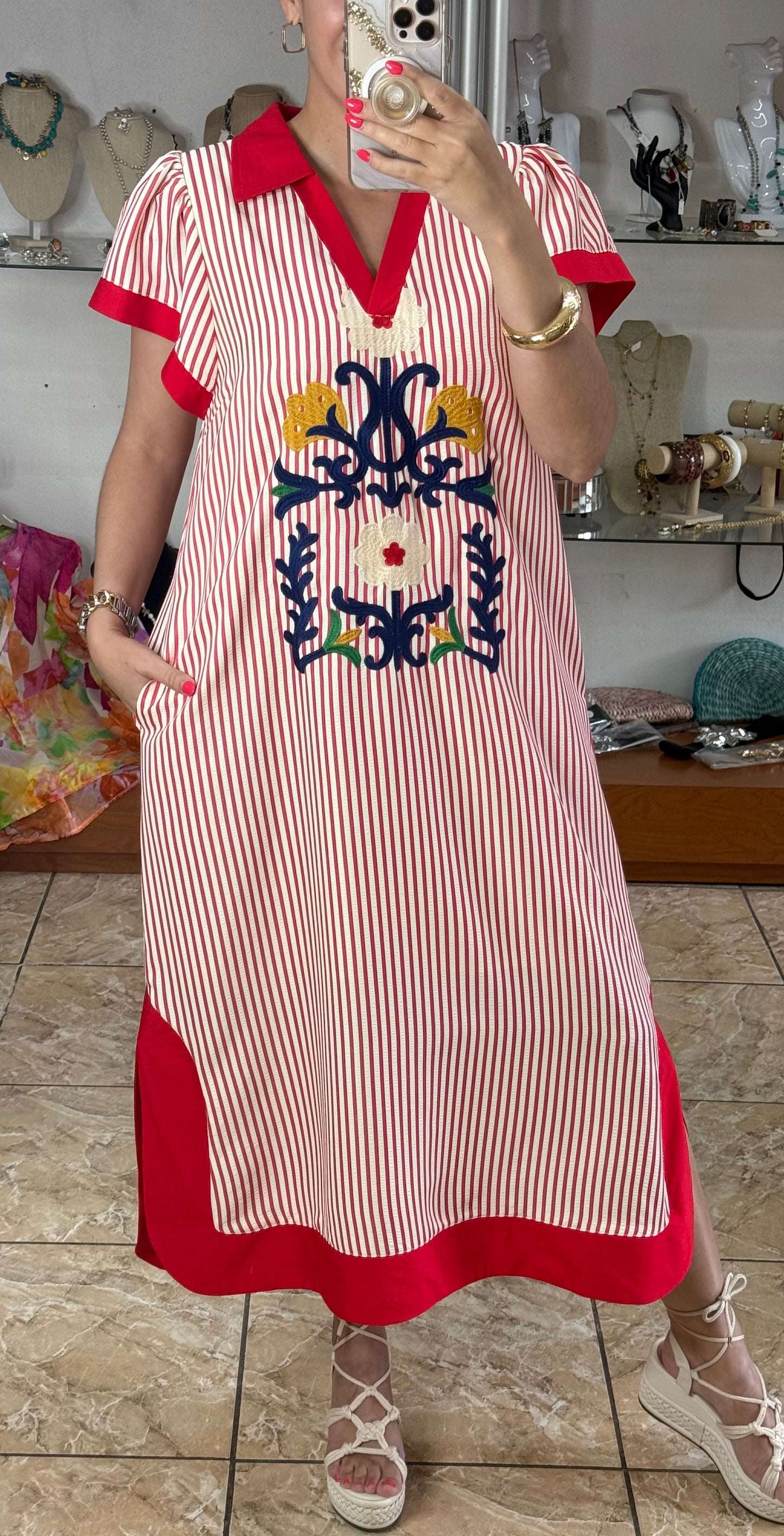 Red Stripes Embroidered Midi Dress