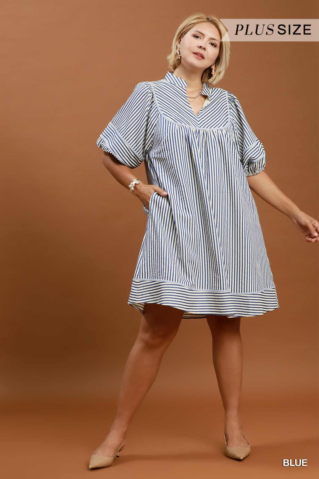 Blue Striped Puff Sleeve Shift Dress (PLUS)