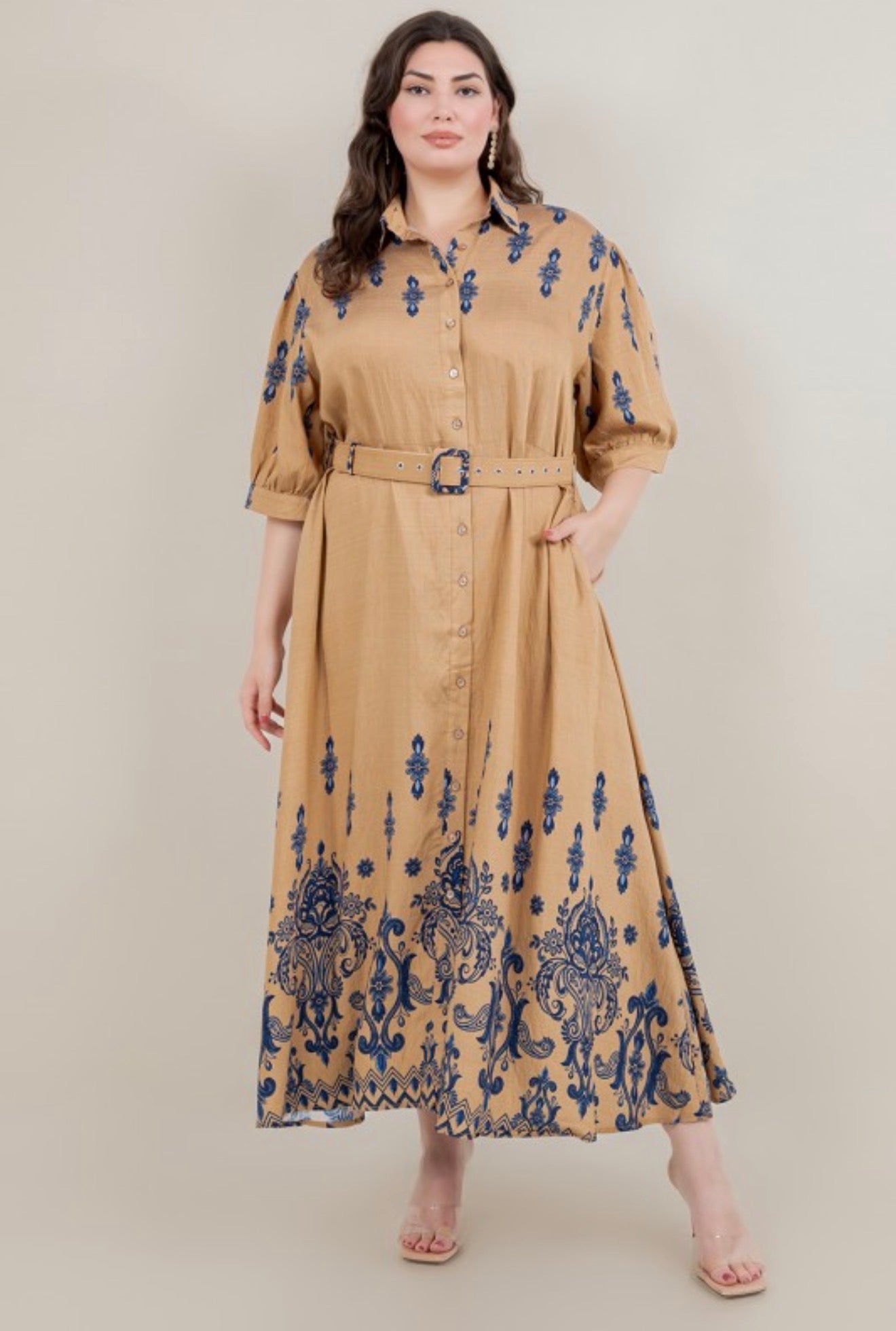Khaki/Blue Maxi Floral Button Down Dress (Reg and Plus)