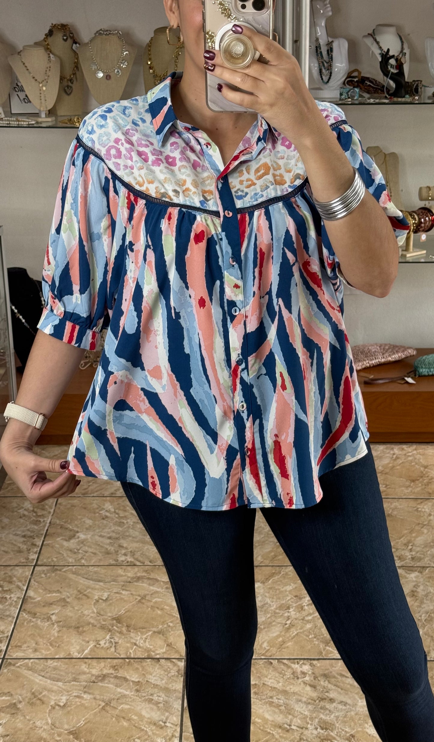 Blue Abstract Button Down Top