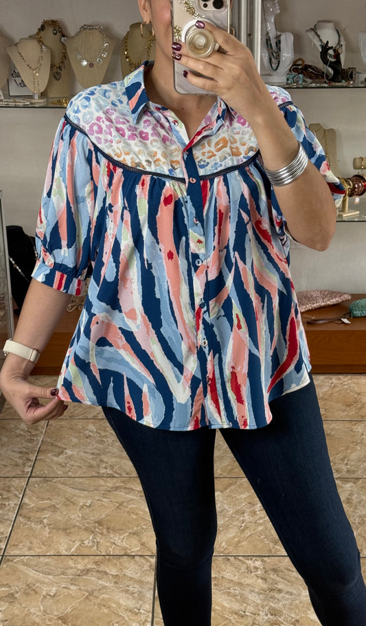 Blue Abstract Button Down Top