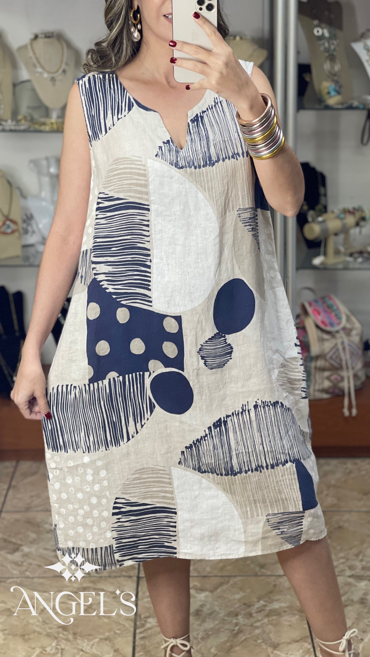 Sleeveless OS Geometric Linen Dress