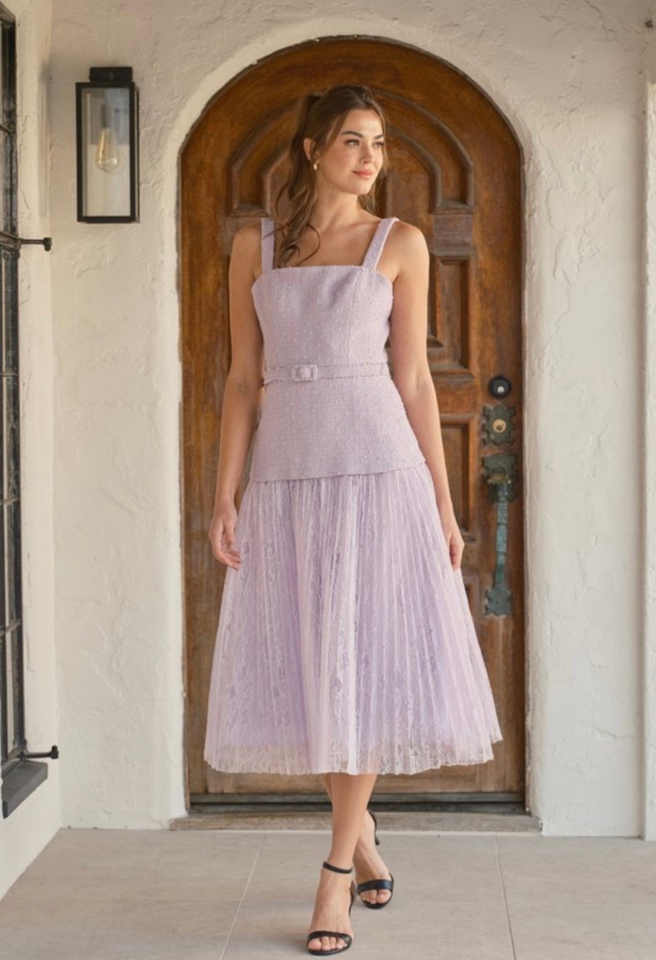Lilac Tweed with Lace Pleat Midi Dress