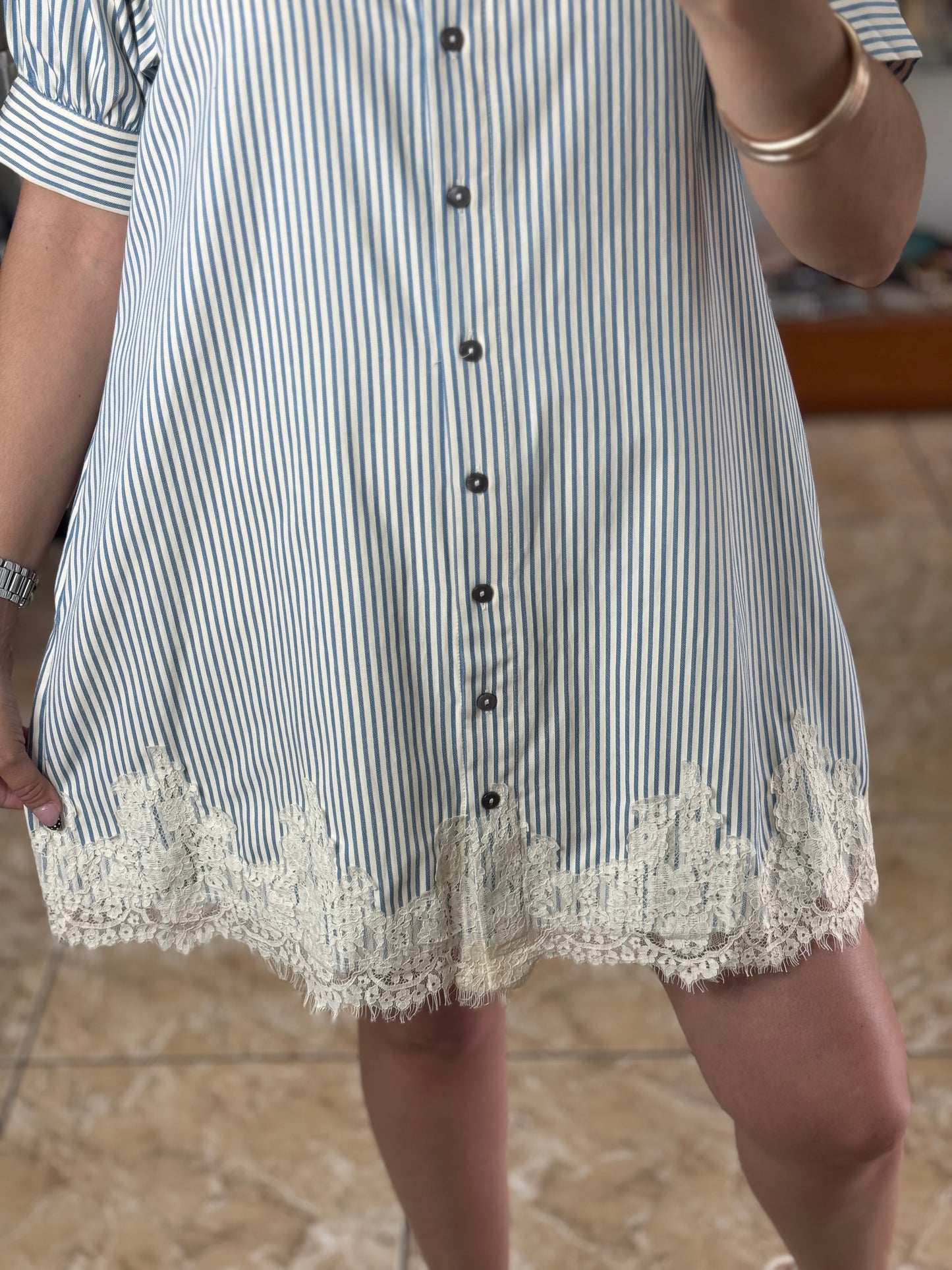 Chambray Stripes/Lace Mini Dress