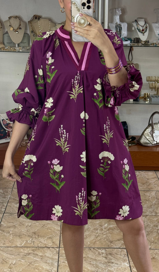 Floral Tunic Dress with Contrast Trim