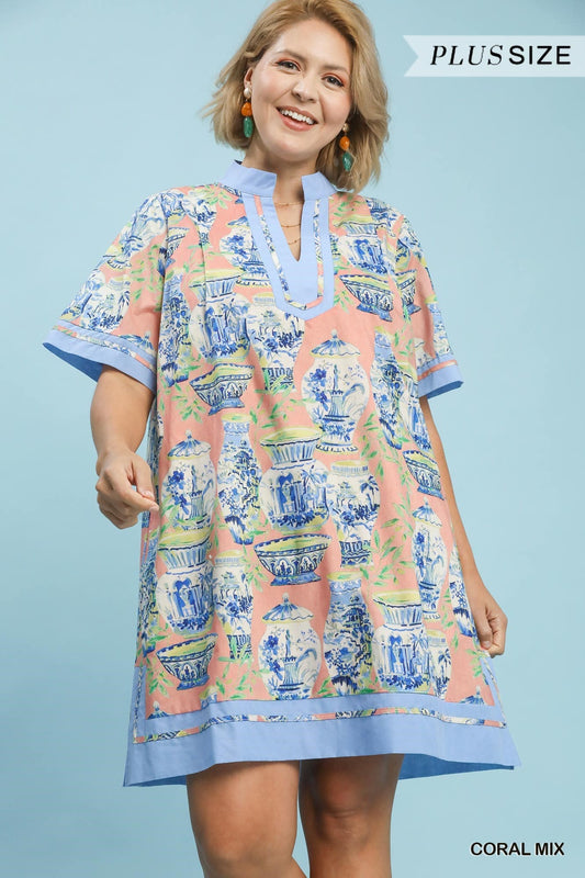 Coral Mix Abstract Print Dress (PLUS)