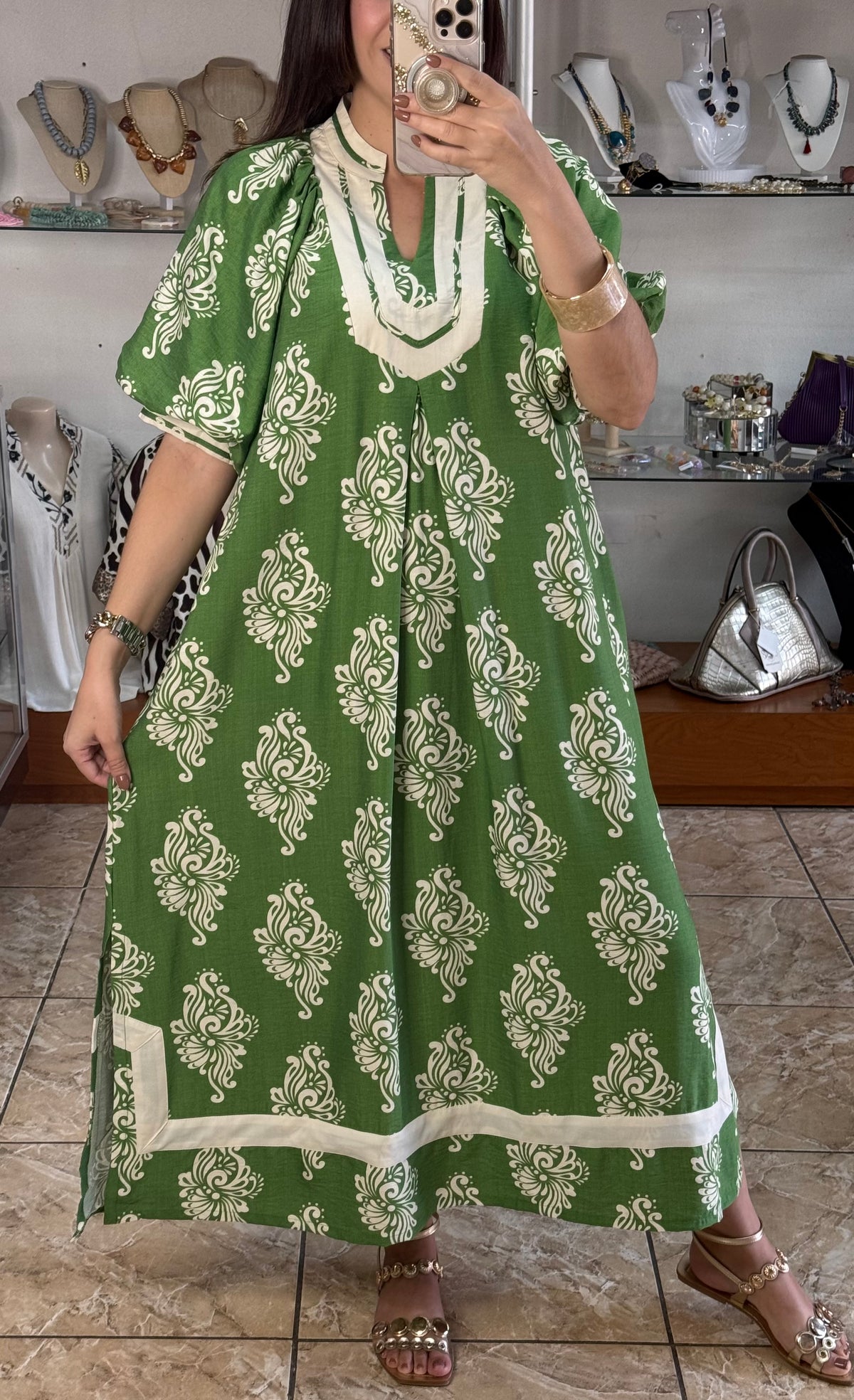 Green Abstract Print Midi Dress