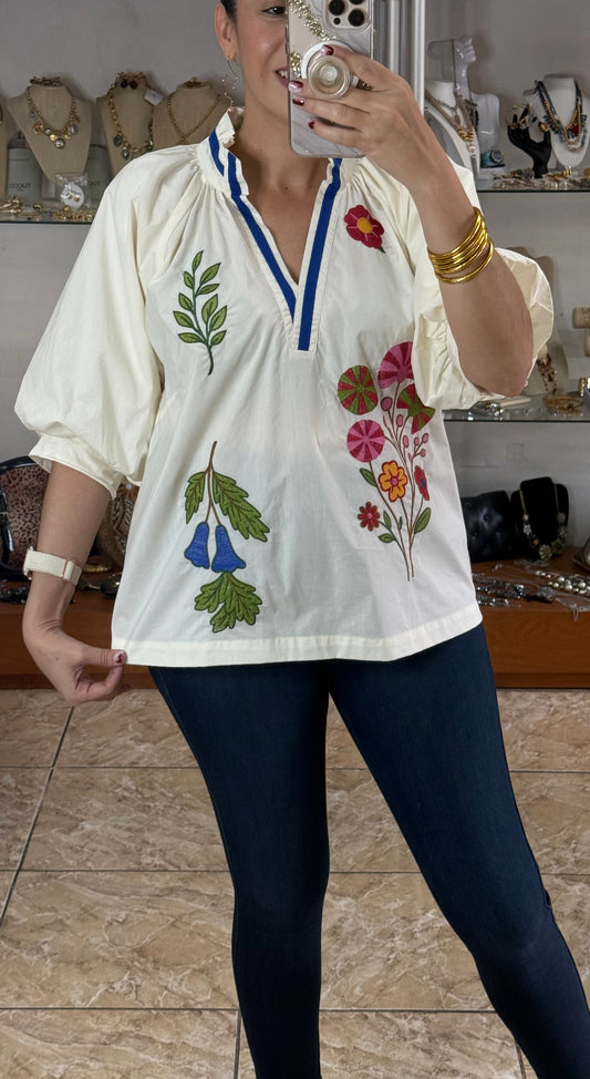 Cream Floral Embroidered Top