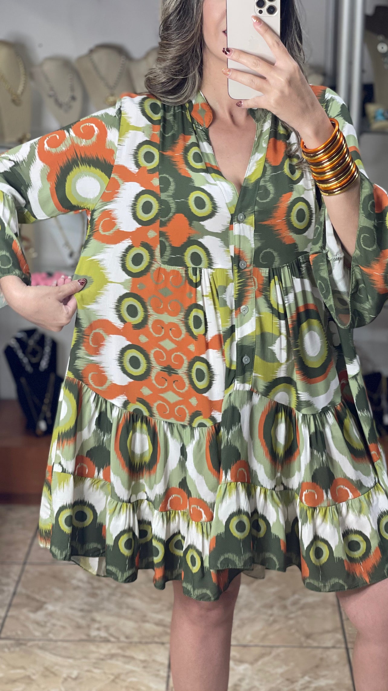 Geometric Green/Orange OS Dress