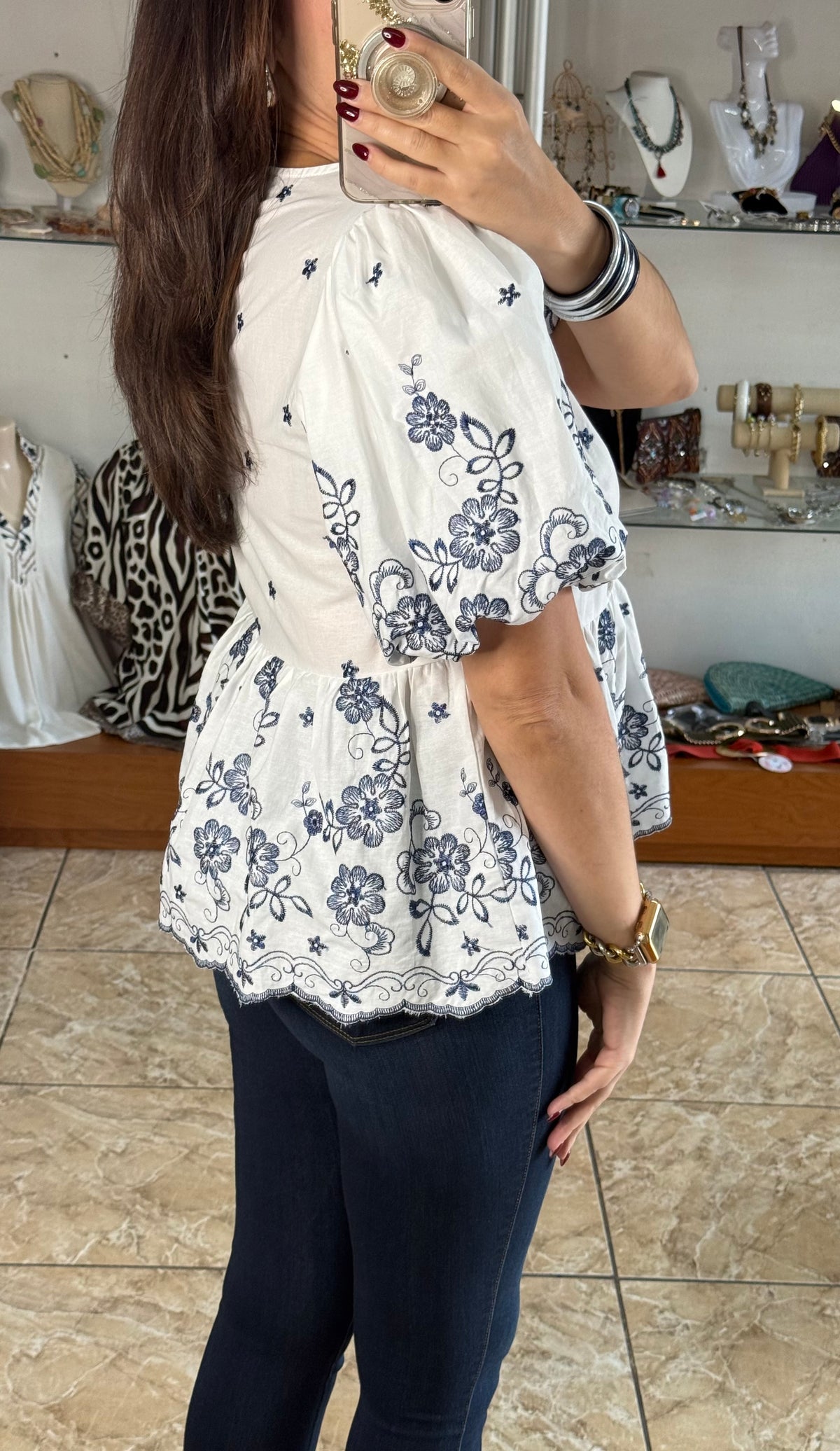 Puff Sleeve Peplum Embroidered Top
