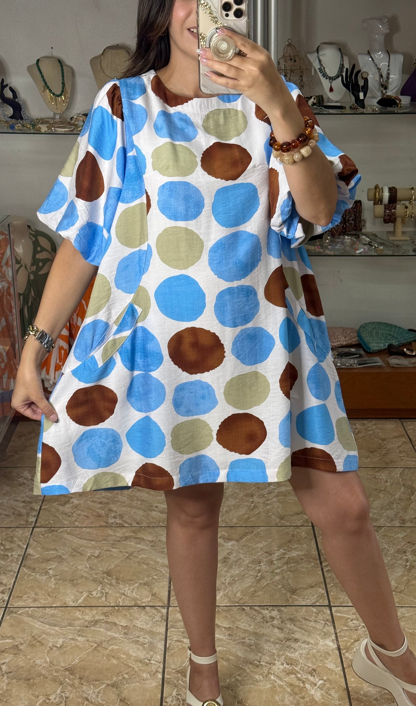 Blue Mix Polkadots Mini Dress