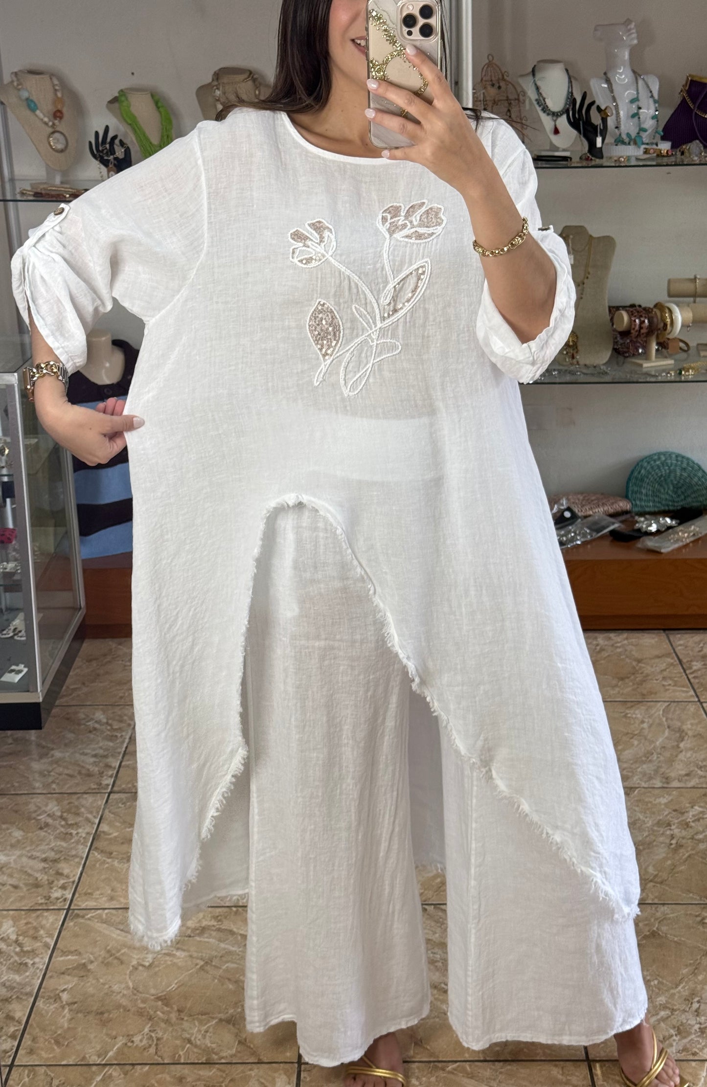 OS Asymmetrical Linen/Sequins Top (NO RETURNS OR EXCHANGE) (PANT SOLD SEPARATELY)