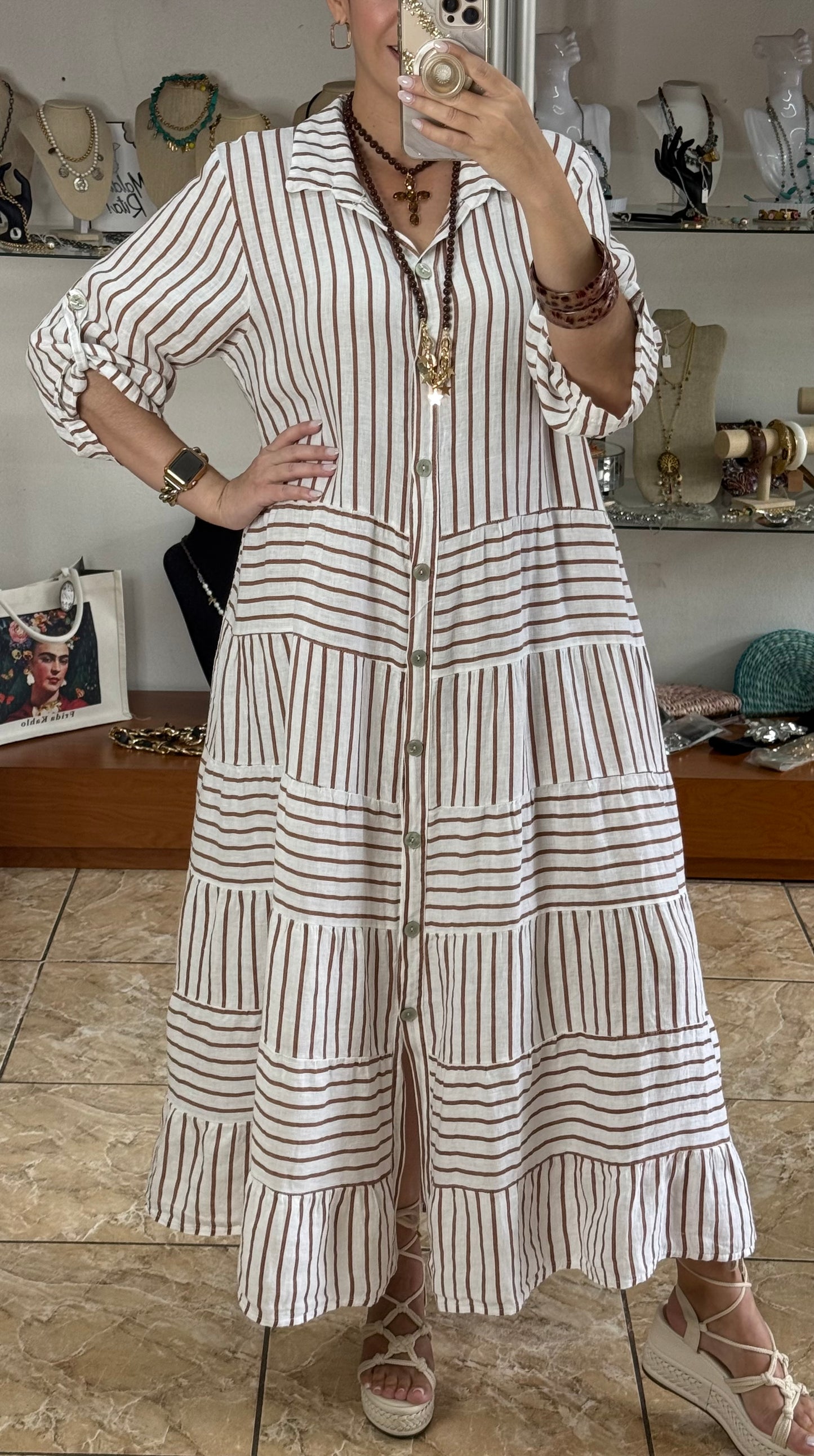 OS Linen Stripes Button Down Maxi Dress (NO RETURNS OR EXCHANGE)
