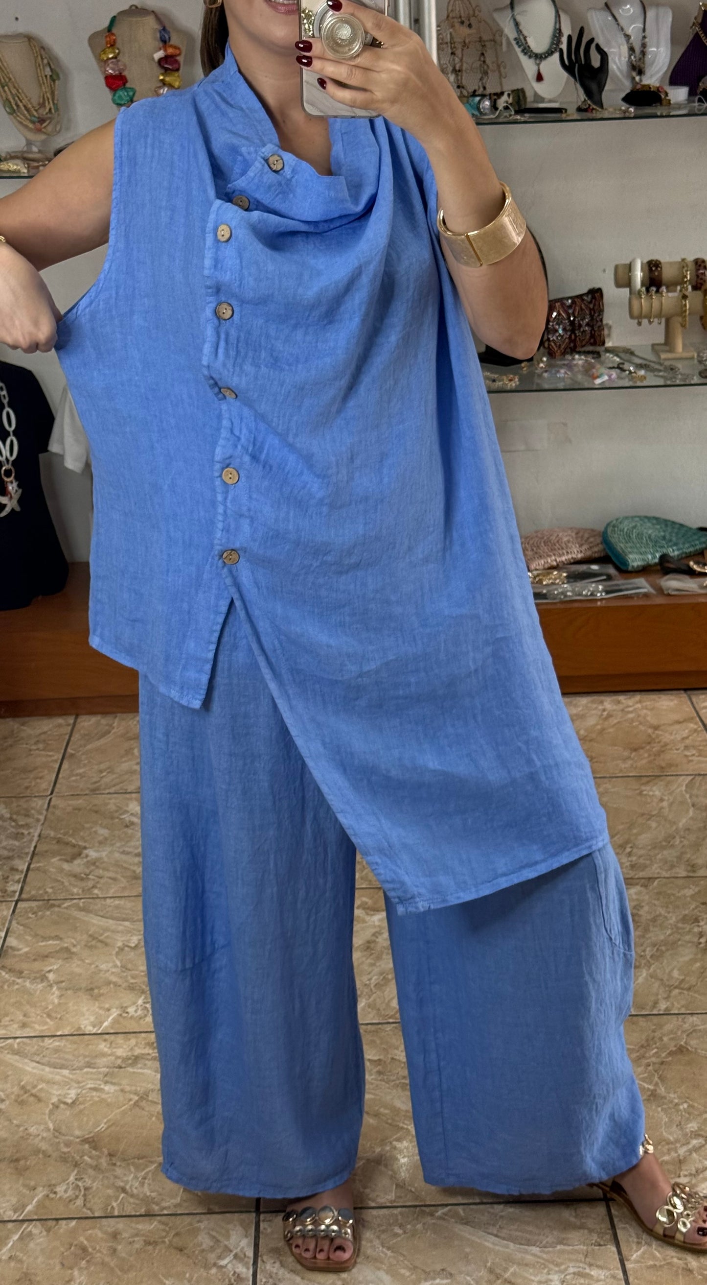 OS Linen Asymmetrical Top & Barrel Pant Set (NO RETURNS OR EXCHANGE)