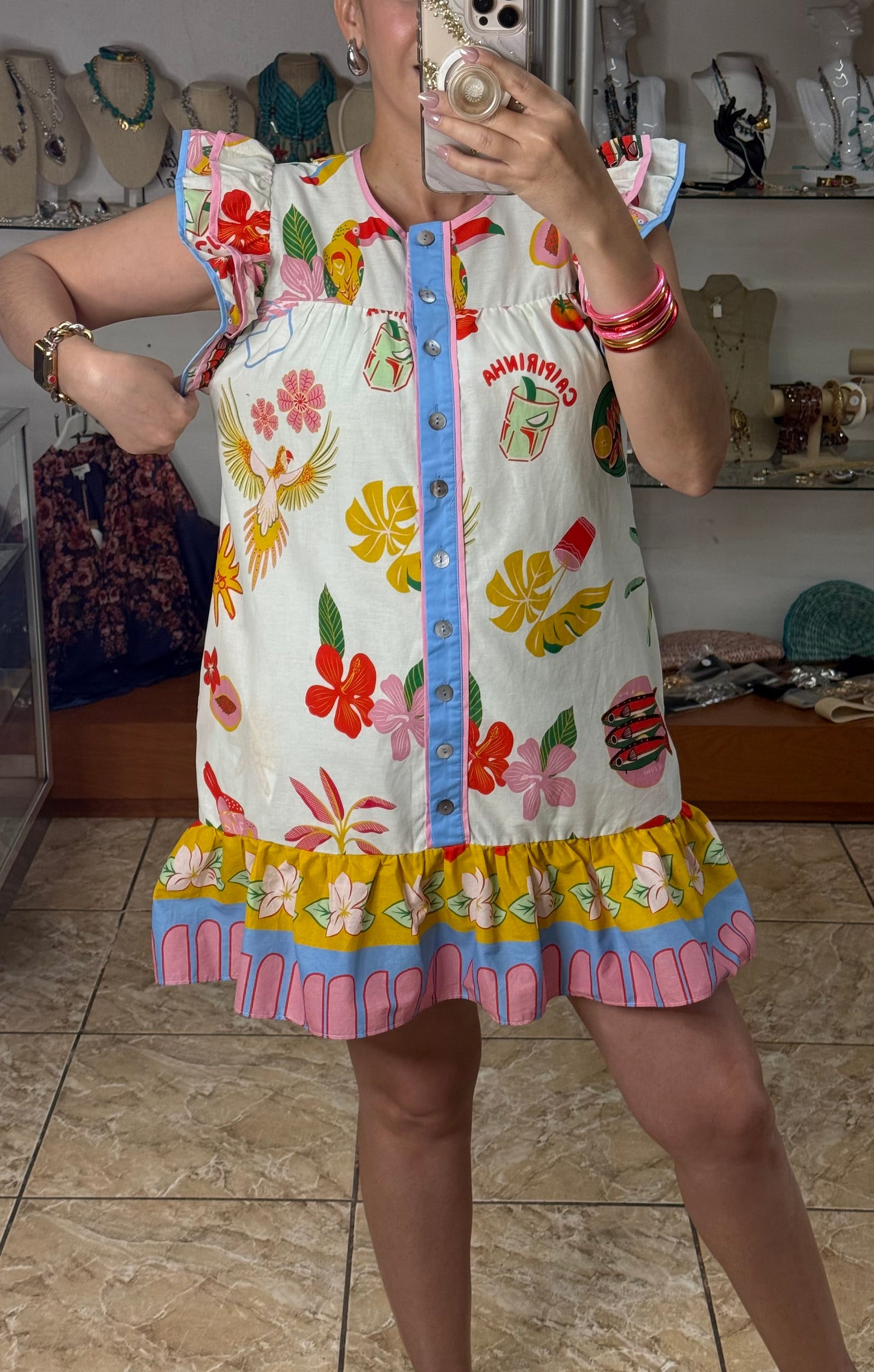 Flutter Sleeves Tropical Mini Dress