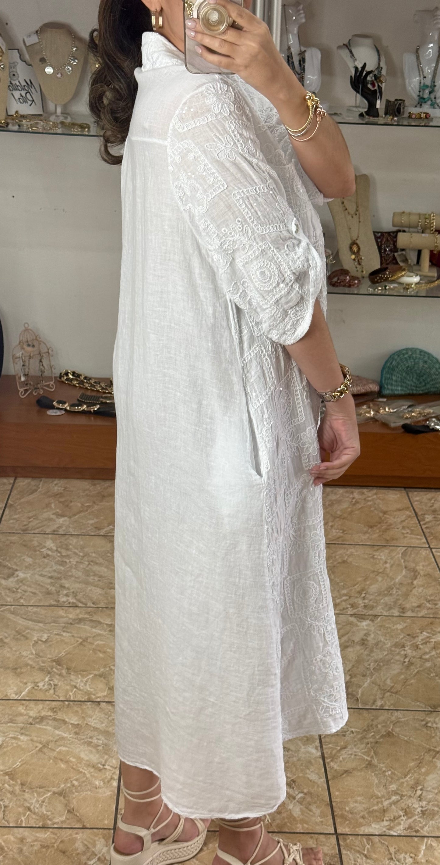 OS Sequins Embroidered Linen Maxi Dress (NO RETURNS OR EXCHANGE)